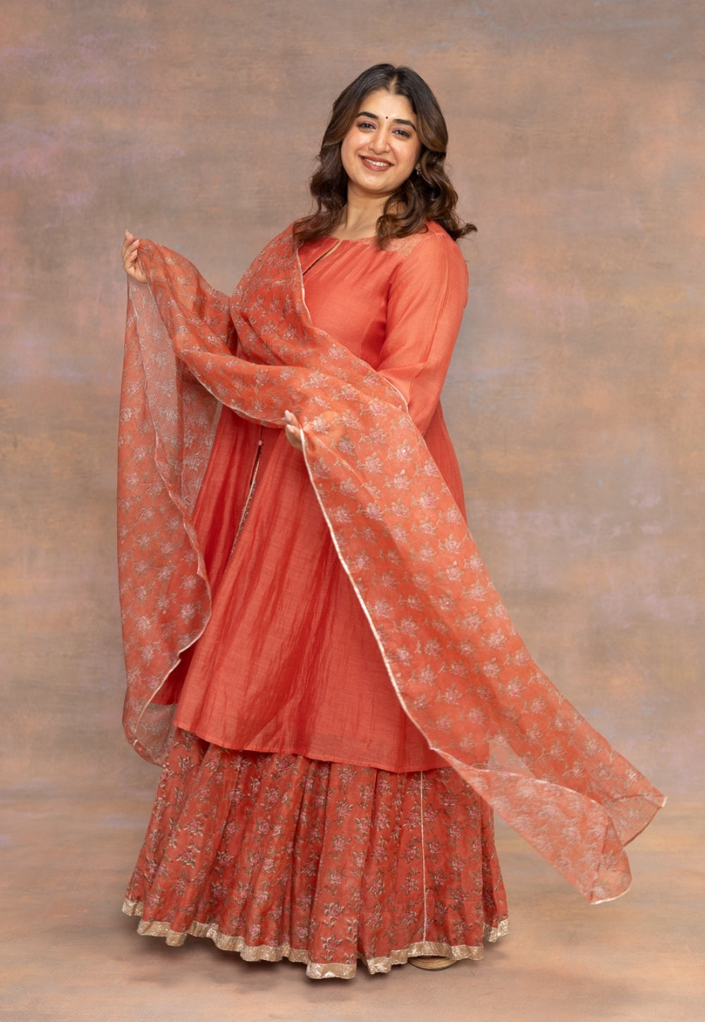 Rosa Orange Sanganeri Kota Doria Silk  Dupatta with Mukaish Detailing
