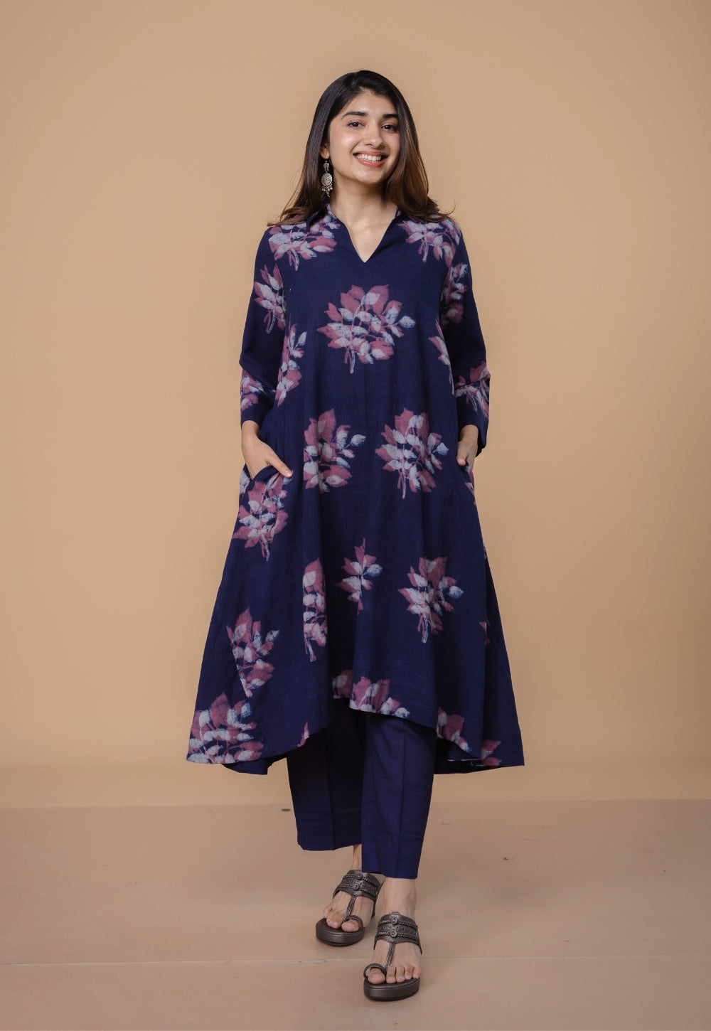 Karina Purple Dabu Slub Cotton A Line Kurta