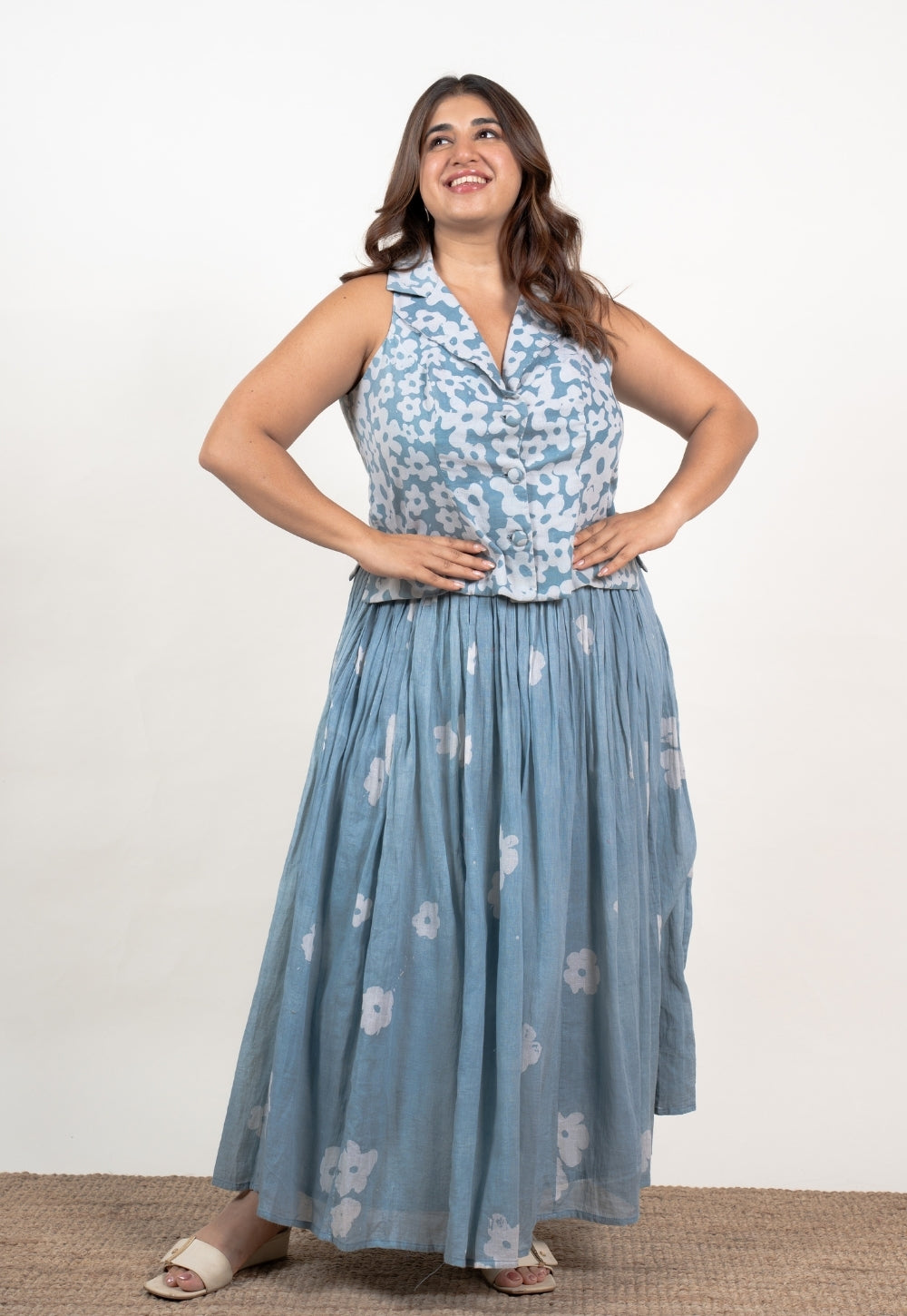 Ishani Blue Batik MulMul Straight Waistcoat Top and Skirt (Set of 2)