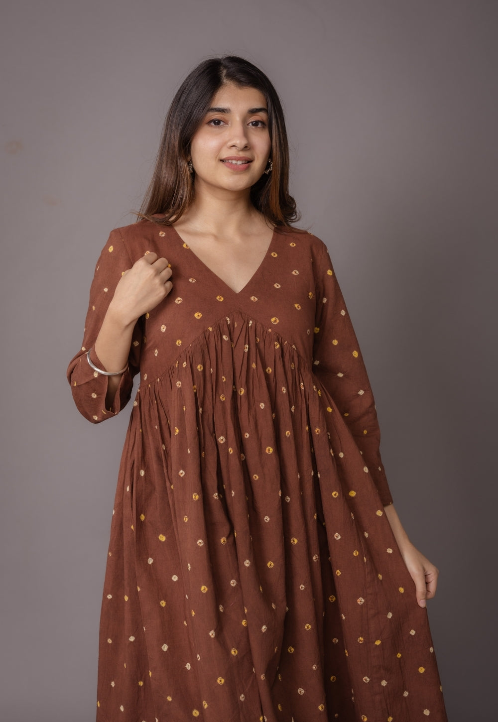 Trupti Brown Bandhani Cotton A Line Suit Set (Set of 3)