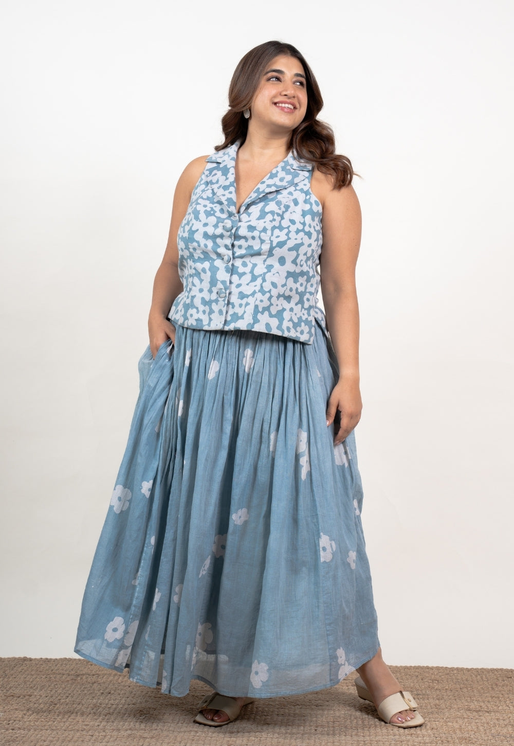Ishani Blue Batik MulMul Straight Waistcoat Top