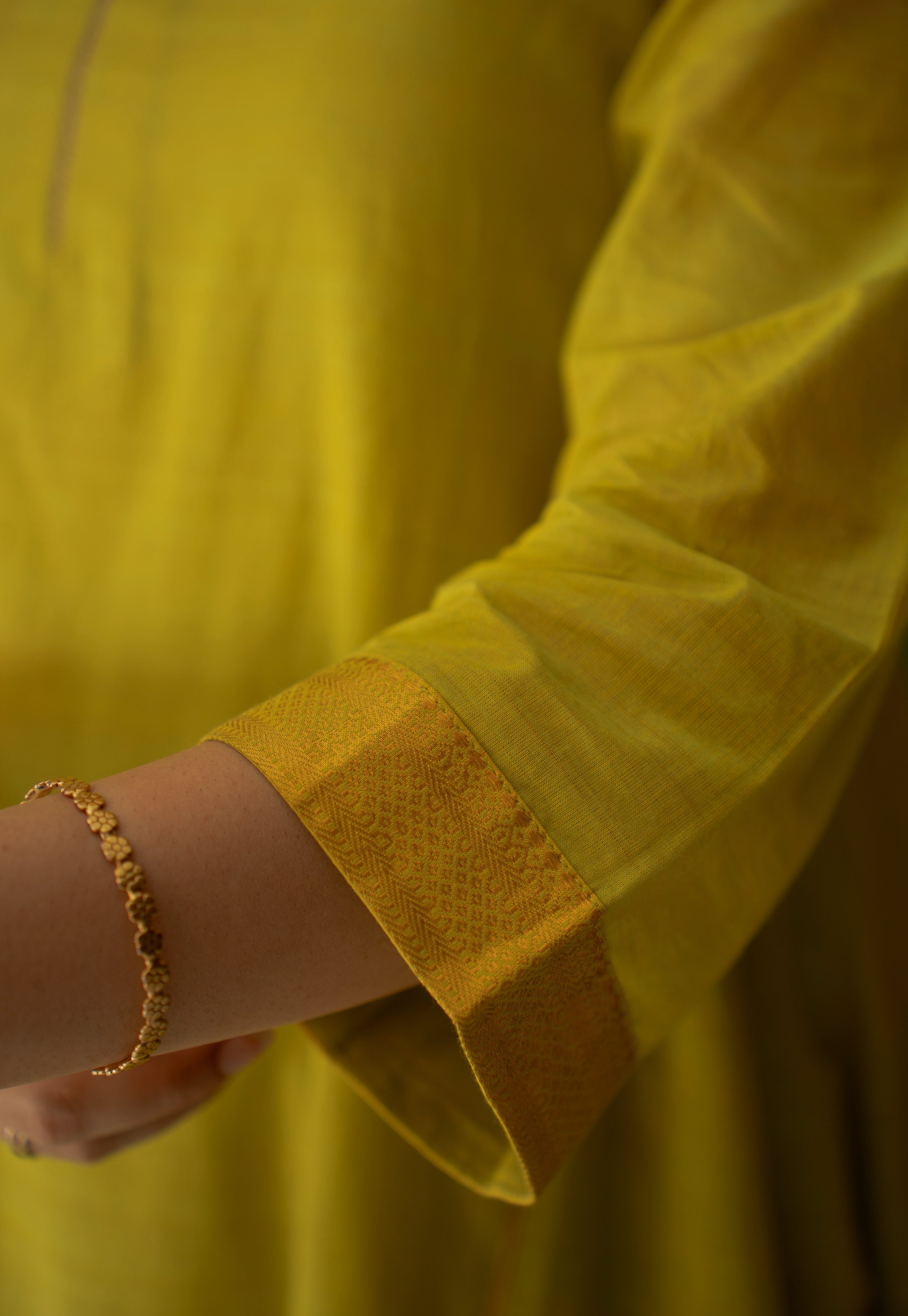 Kyra Green Mangalgiri Cotton Kali Kurta with Nizam Border and Hand Embroidery
