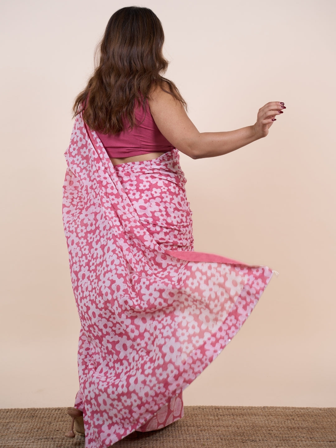 Taya Pink Batik Hand Block Print Mul Cotton Saree with Embroidery