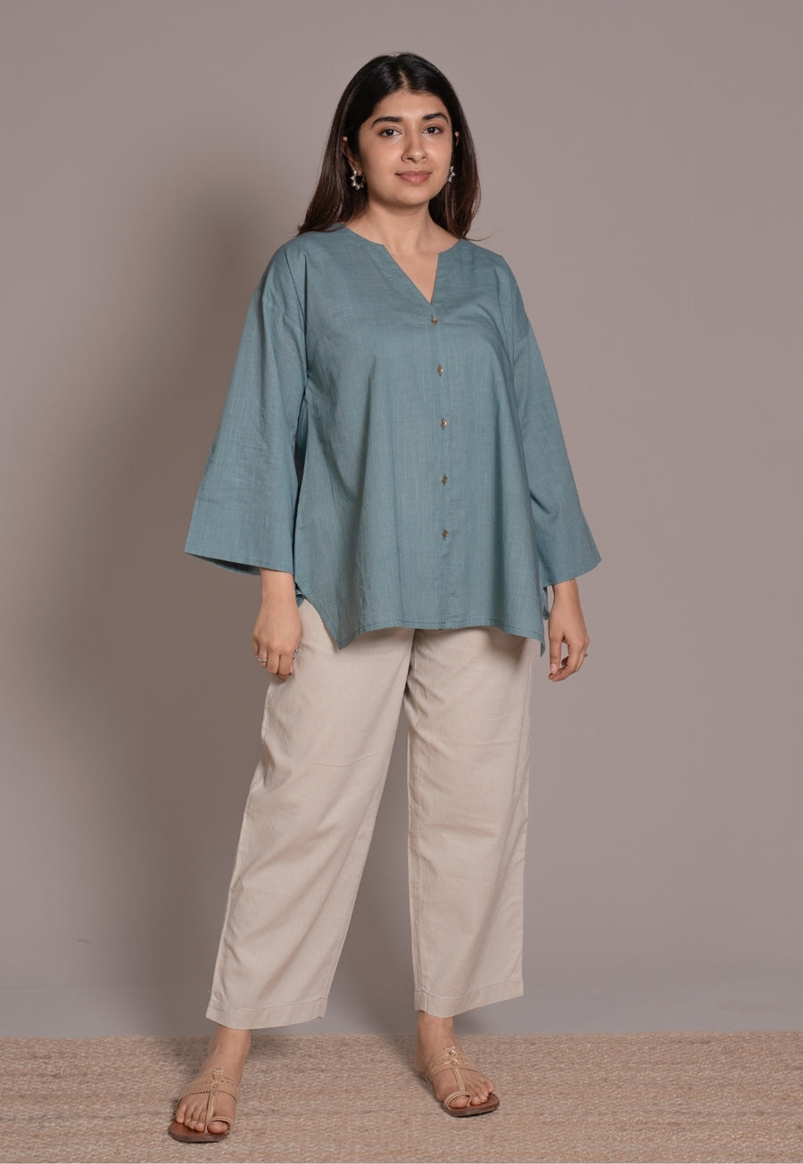 Light Blue Solid Slub Cotton Straight Short Top - DyeVerse
