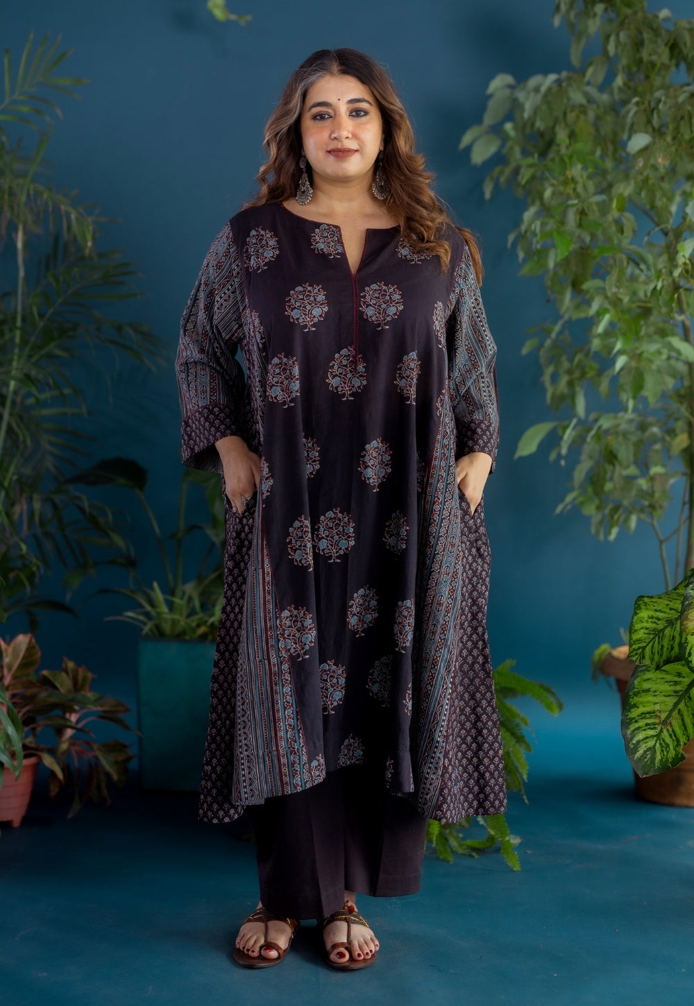 Garima Black Ajrakh Cotton Jhabbha Kali Kurta with Hand Embroidery