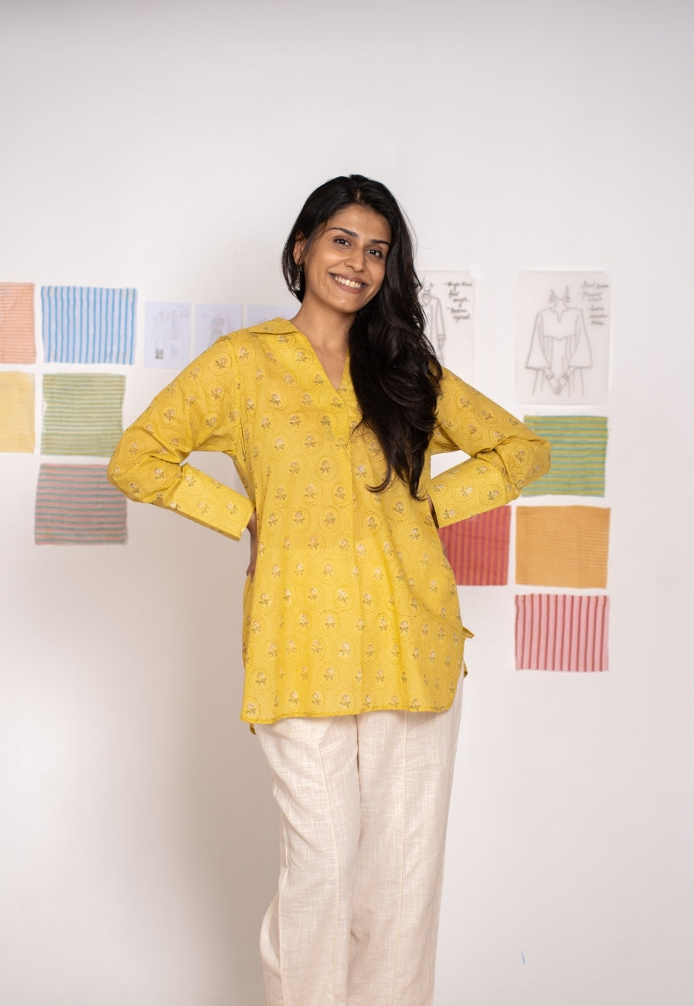 Zohal Yellow Sanganeri Mul Cotton Straight Short Top