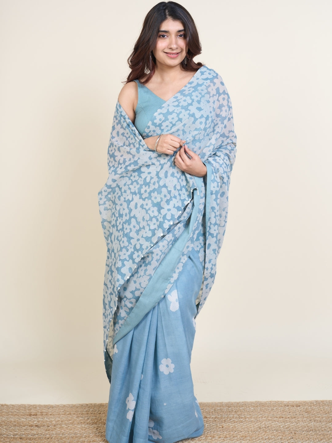 Warisha Blue Batik Hand Block Print Mul Cotton Saree with Embroidery
