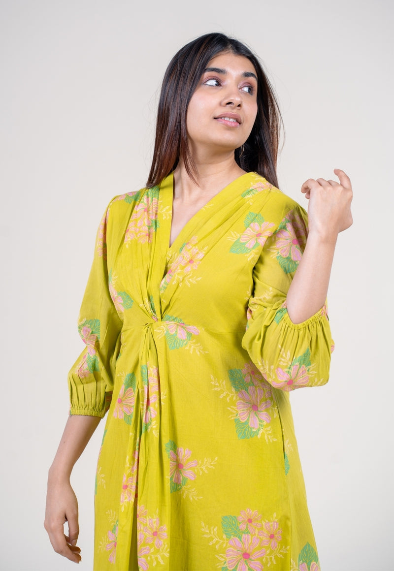 spaghetti strap a line dress pattern Asymmetrical Lime Green Midi Dress with Neck Tie