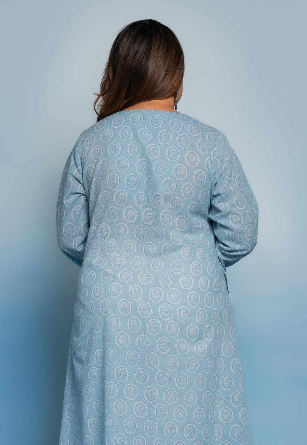 Rifaa Blue Dabu Mul Cotton A Line Kurta
