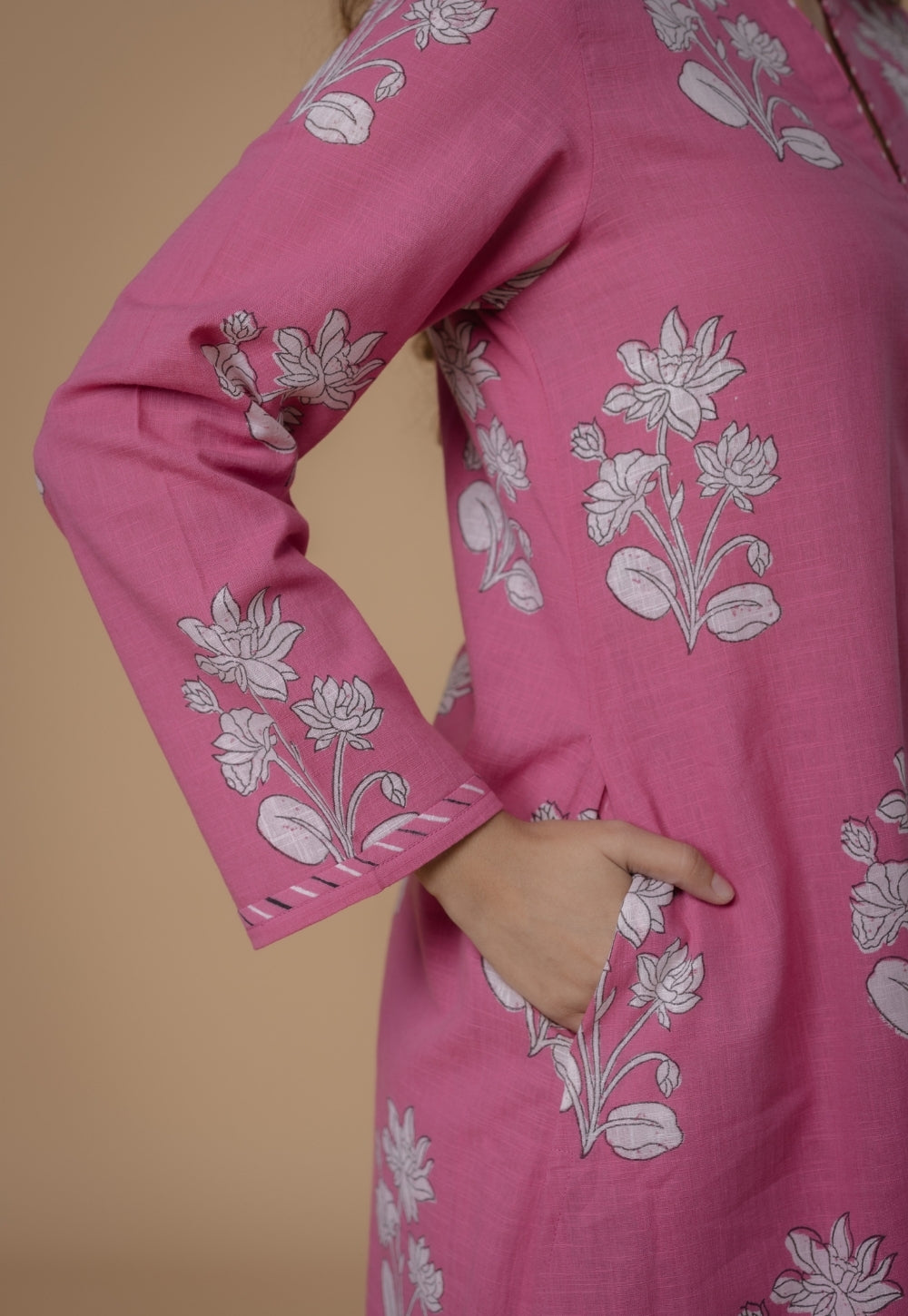Eshika Pink Dabu Slub Cotton A Line Kurta Set (Set of 2)