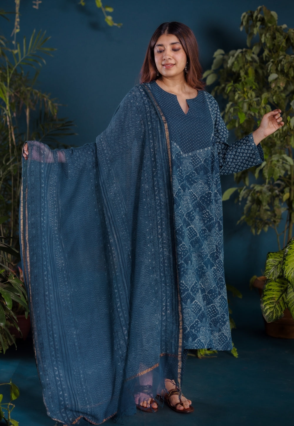 Blue Stripes Ajrakh Kota Doria Cotton Dupatta
