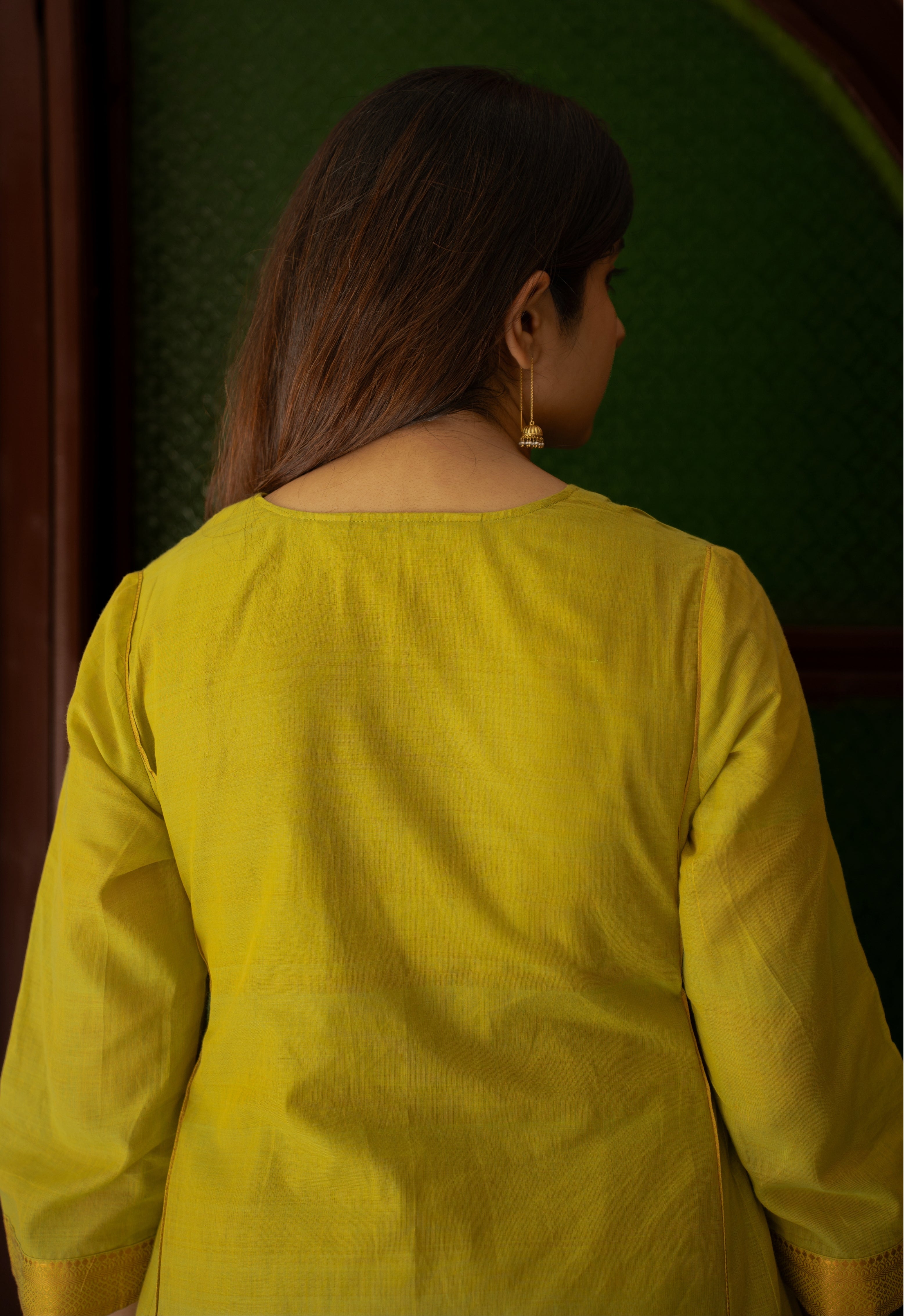 Kyra Green Mangalgiri Cotton Kali Kurta with Nizam Border and Hand Embroidery