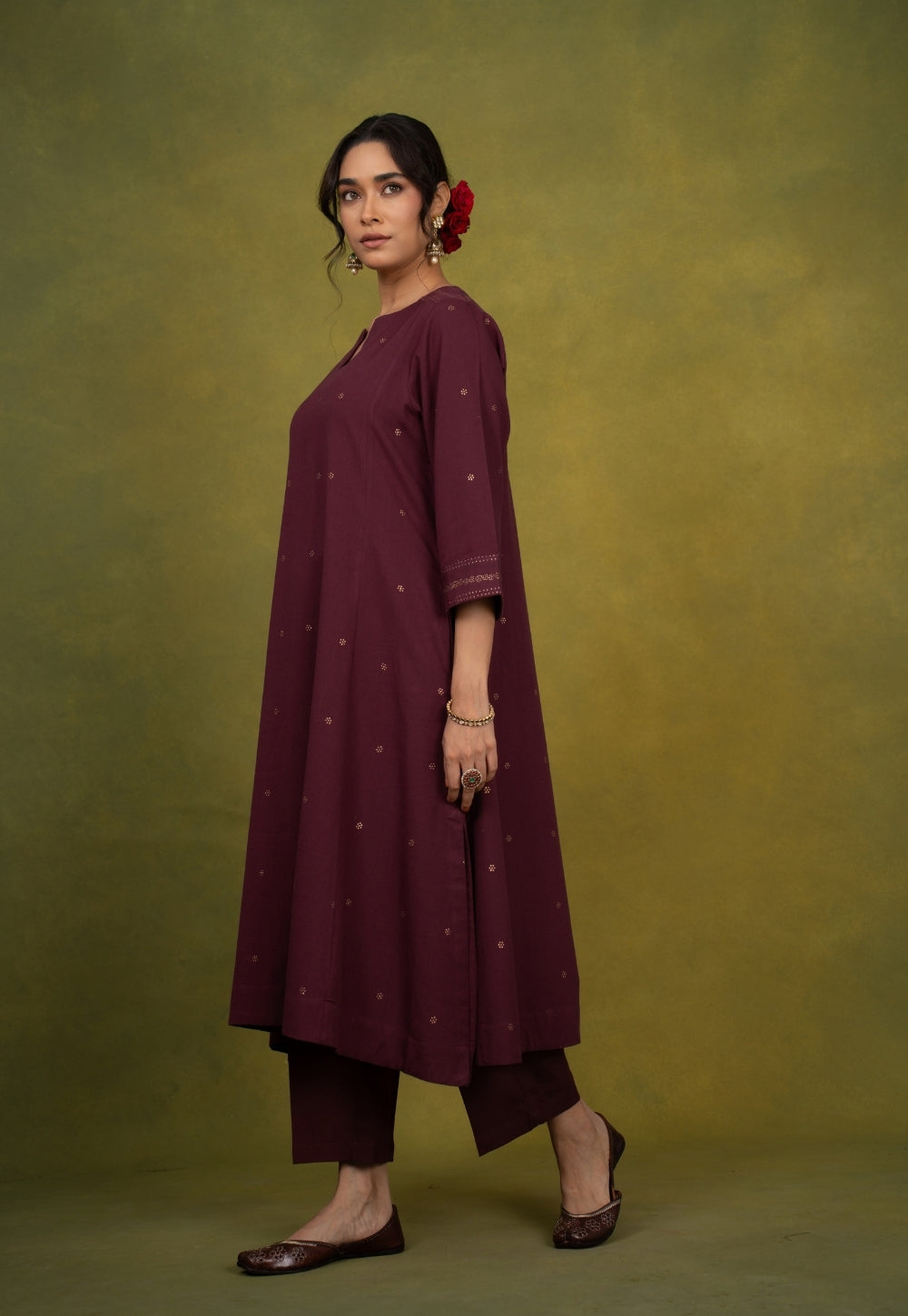 Malika Wine Rogan Handblock Printed Cotton Kali Kurta Suit Set (Set of 3)