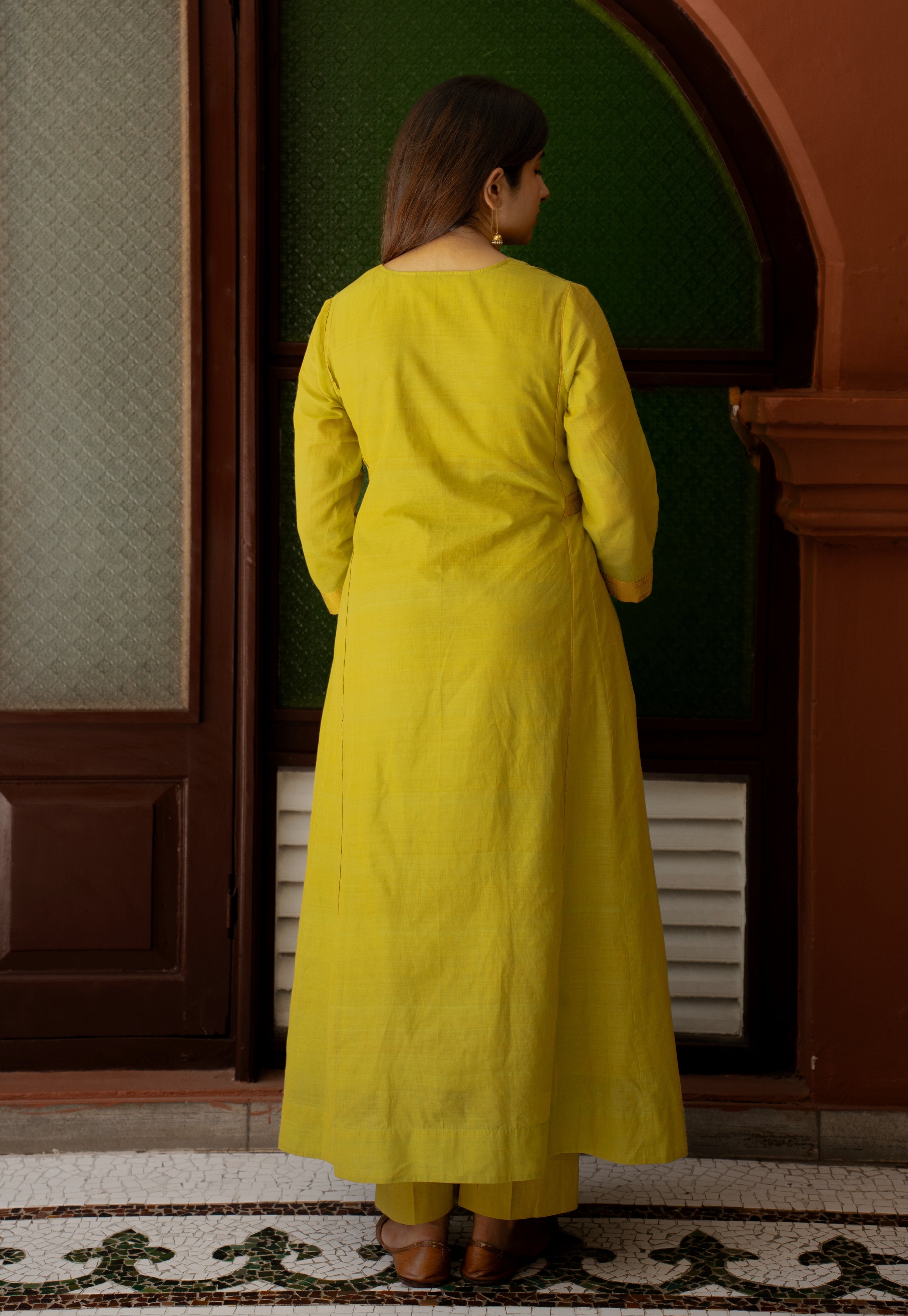Kyra Green Mangalgiri Cotton Kali Kurta with Nizam Border and Hand Embroidery