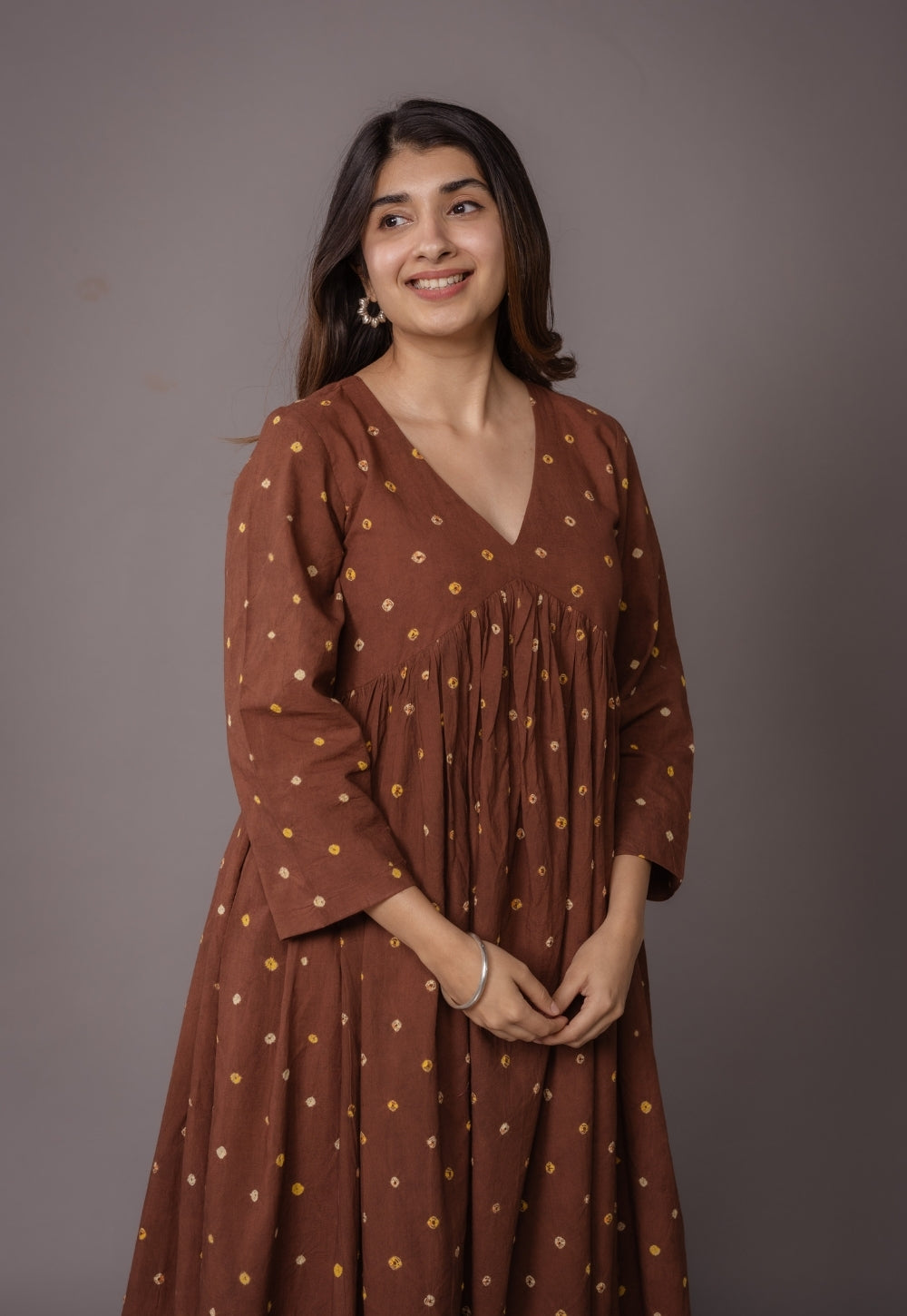 Trupti Brown Bandhani Cotton A Line Kurta with Dupatta