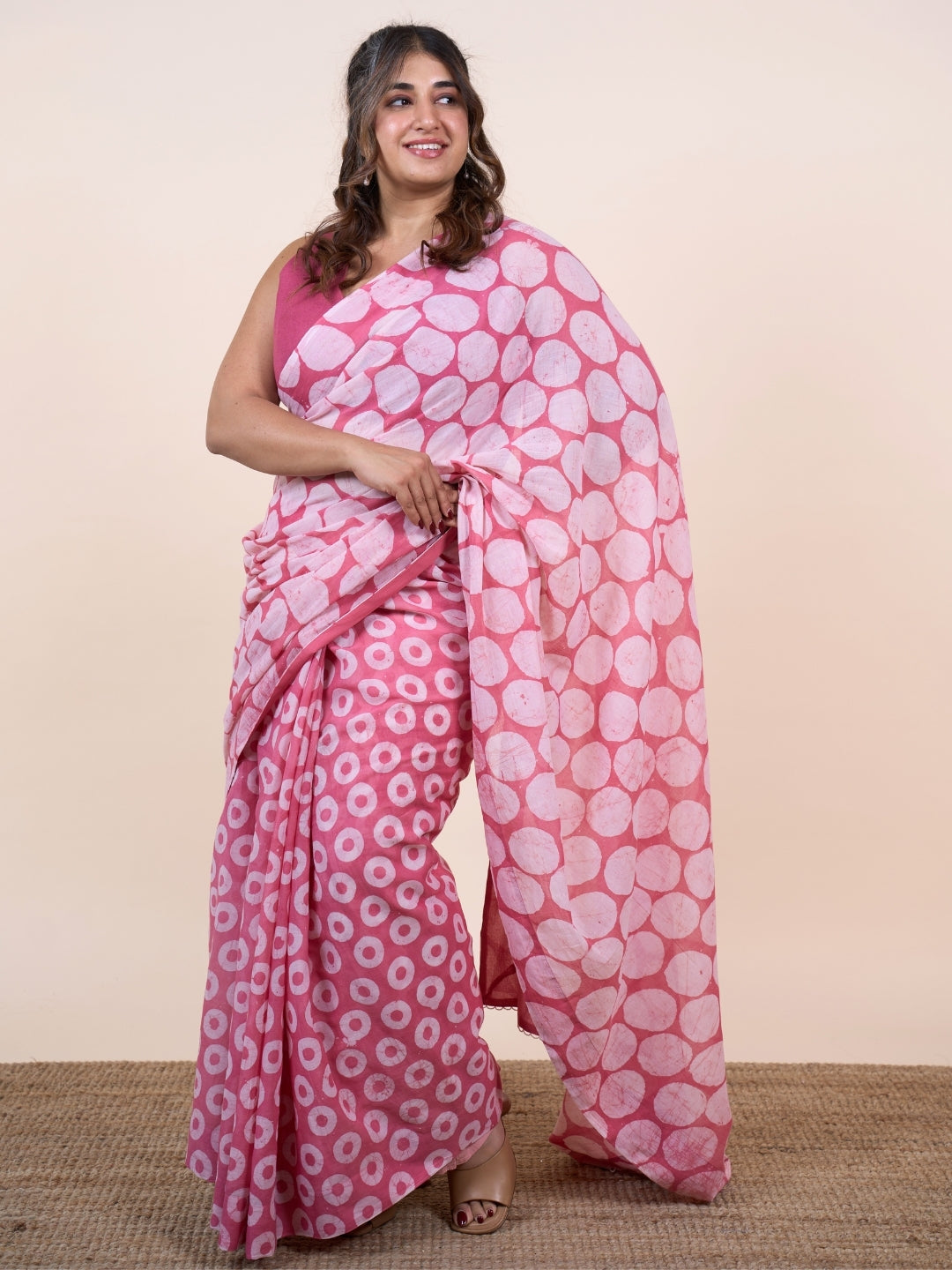 Yumna Pink Batik Hand Block Print Mul Cotton Saree with Embroidery