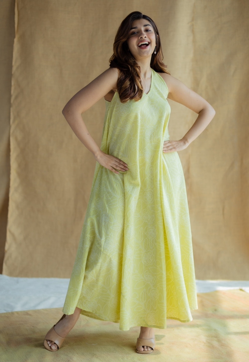 Naimat Lime Green Hand Block Print Slub Cotton A Line Dress