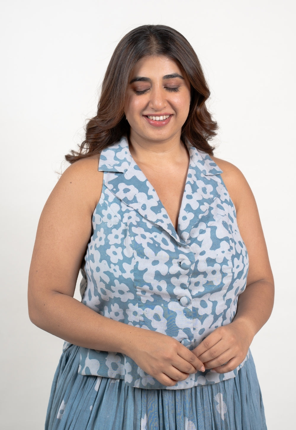 Ishani Blue Batik MulMul Straight Waistcoat Top