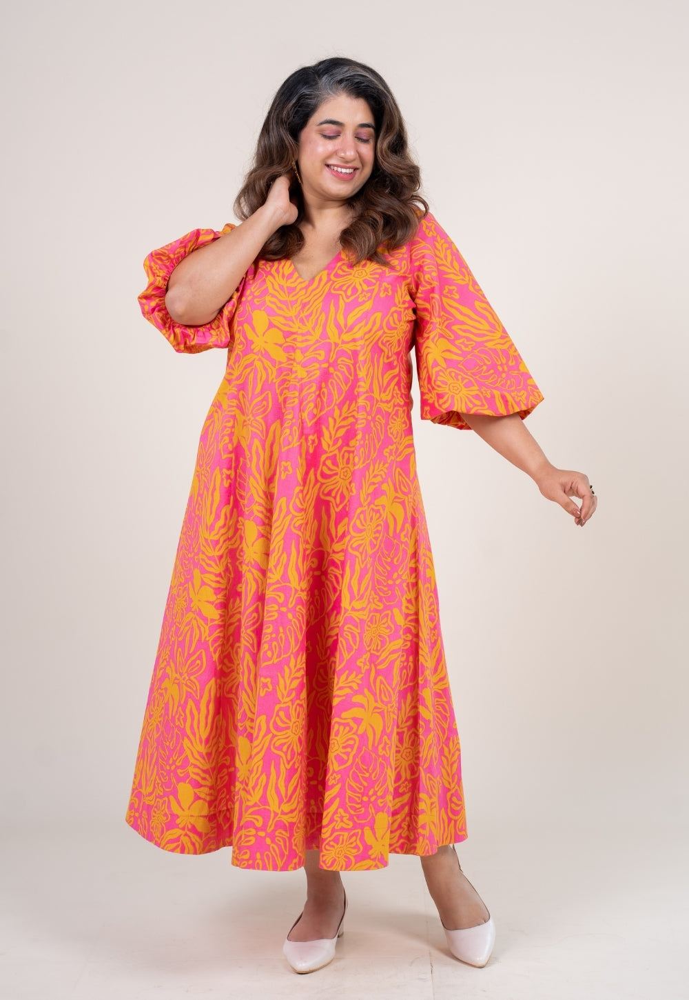 Tanisha Sunset Pink Printed Cotton A Line Dress