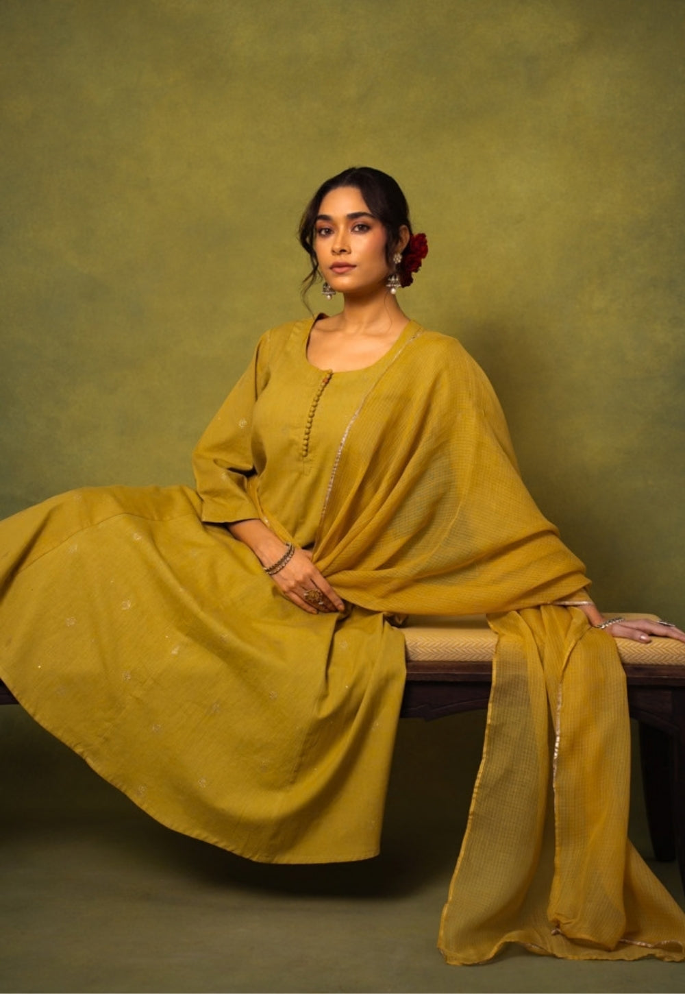 Maryam Yellow Rogan Handblock Printed Cotton Kali Kurta Suit Set (Set of 3)