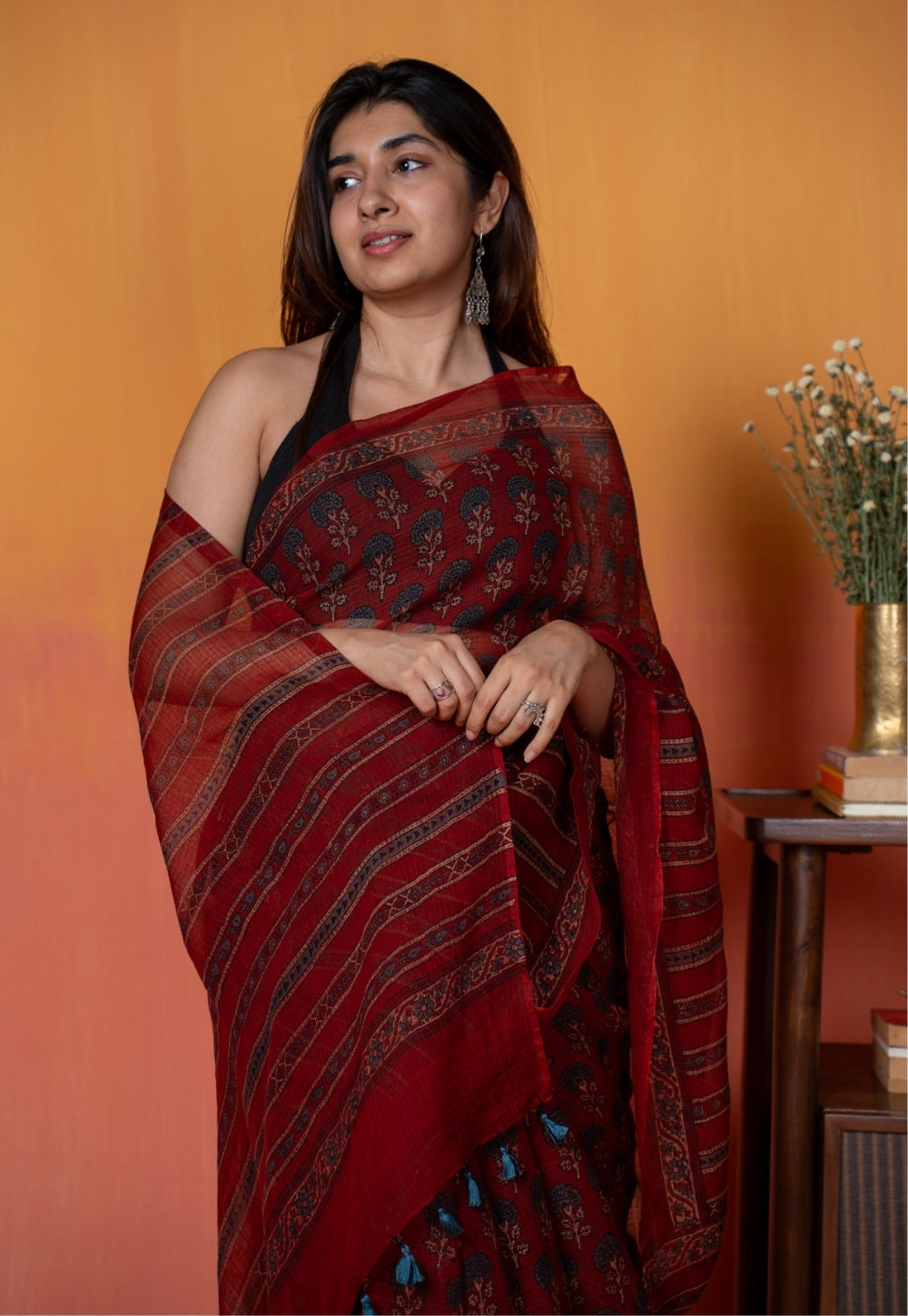Red Floral Butta Ajrkah Hand Block Print Kota Doria Cotton Saree