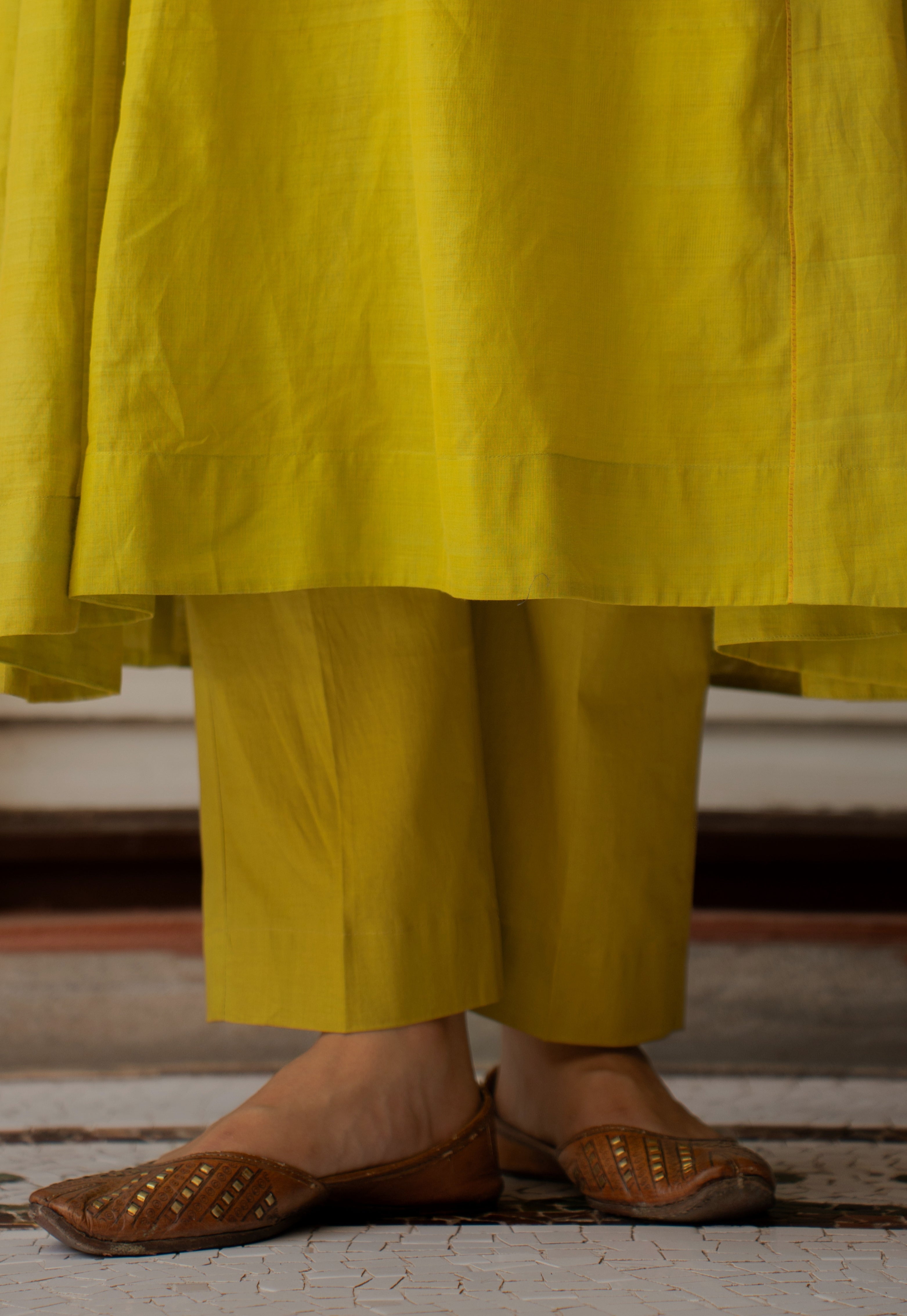 Yashi Lime Green Solid Cotton Flex Straight Pant