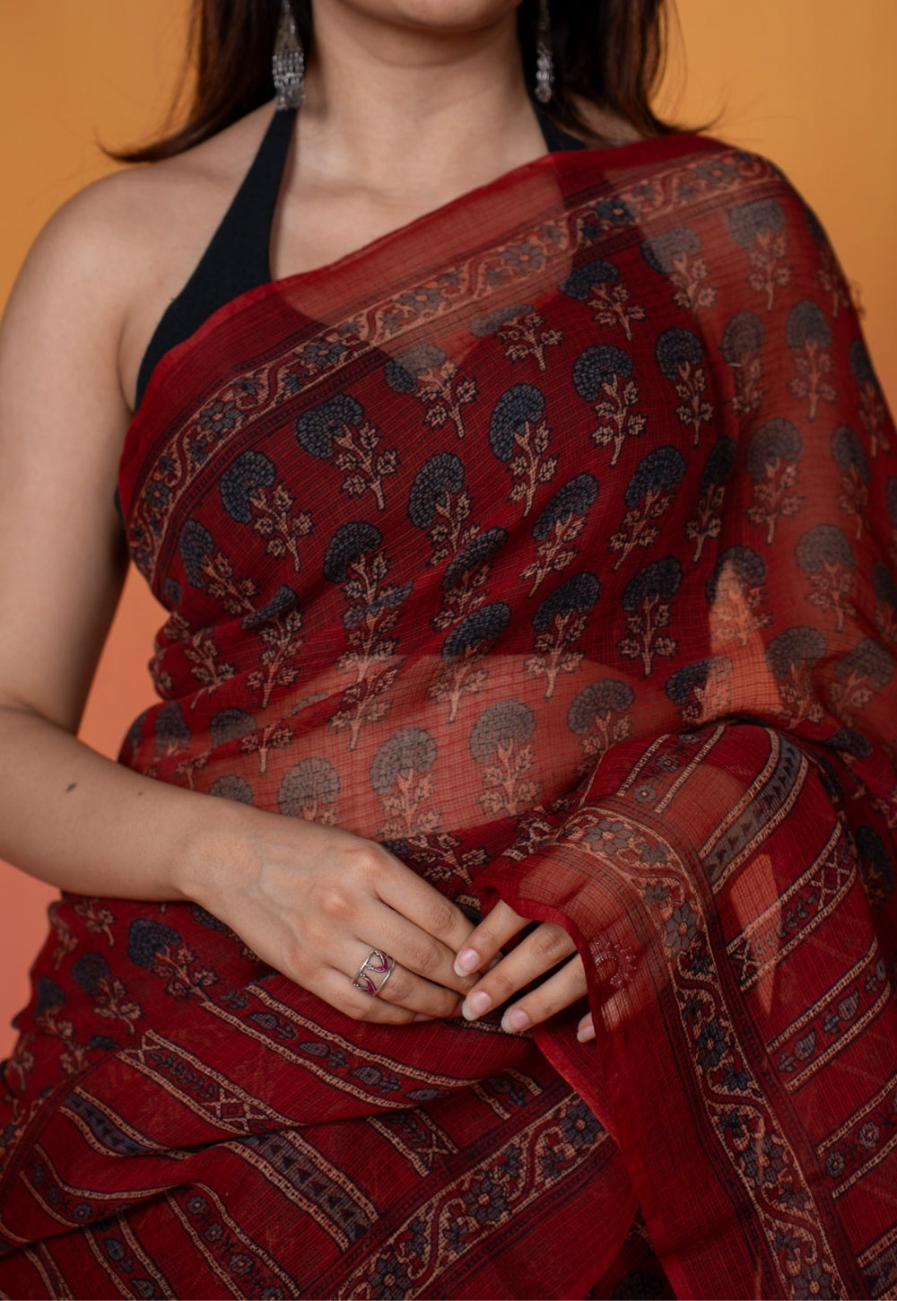 Red Floral Butta Ajrkah Hand Block Print Kota Doria Cotton Saree