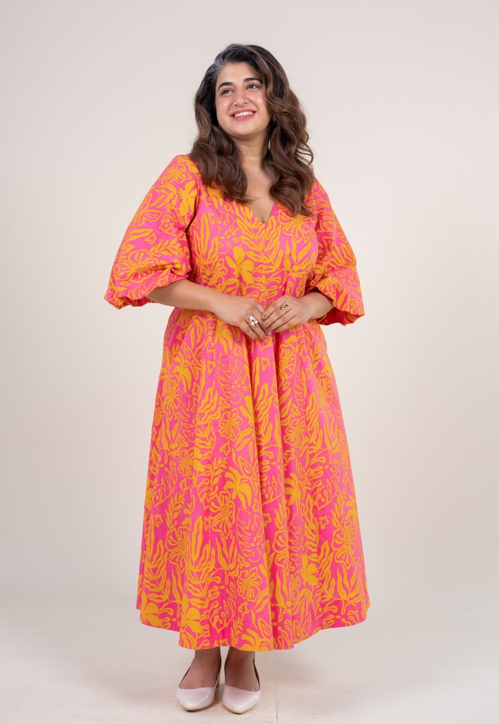 Tanisha Sunset Pink Printed Cotton A Line Dress