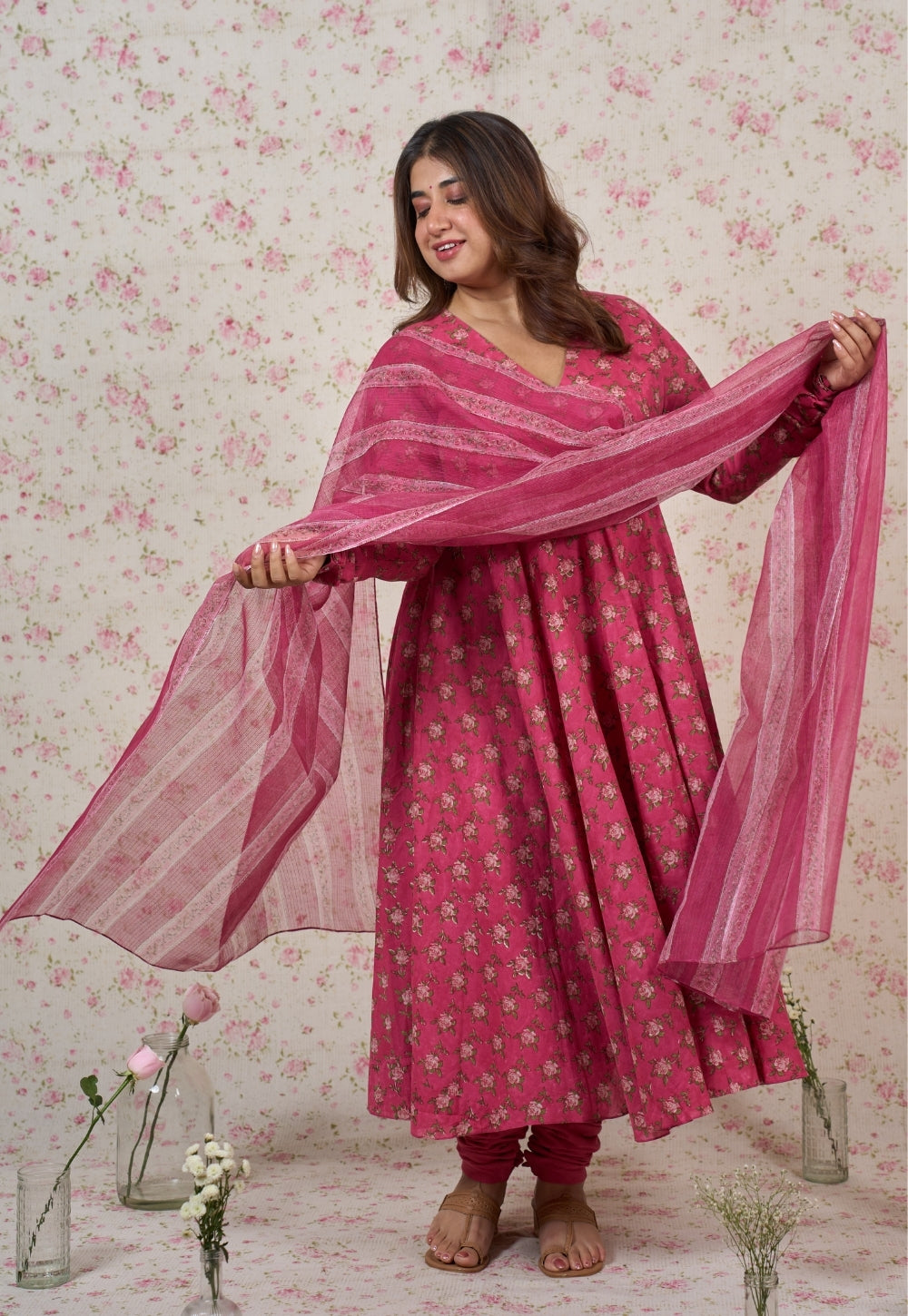 Pink Sanganeri Kota Doria Cotton Dupatta
