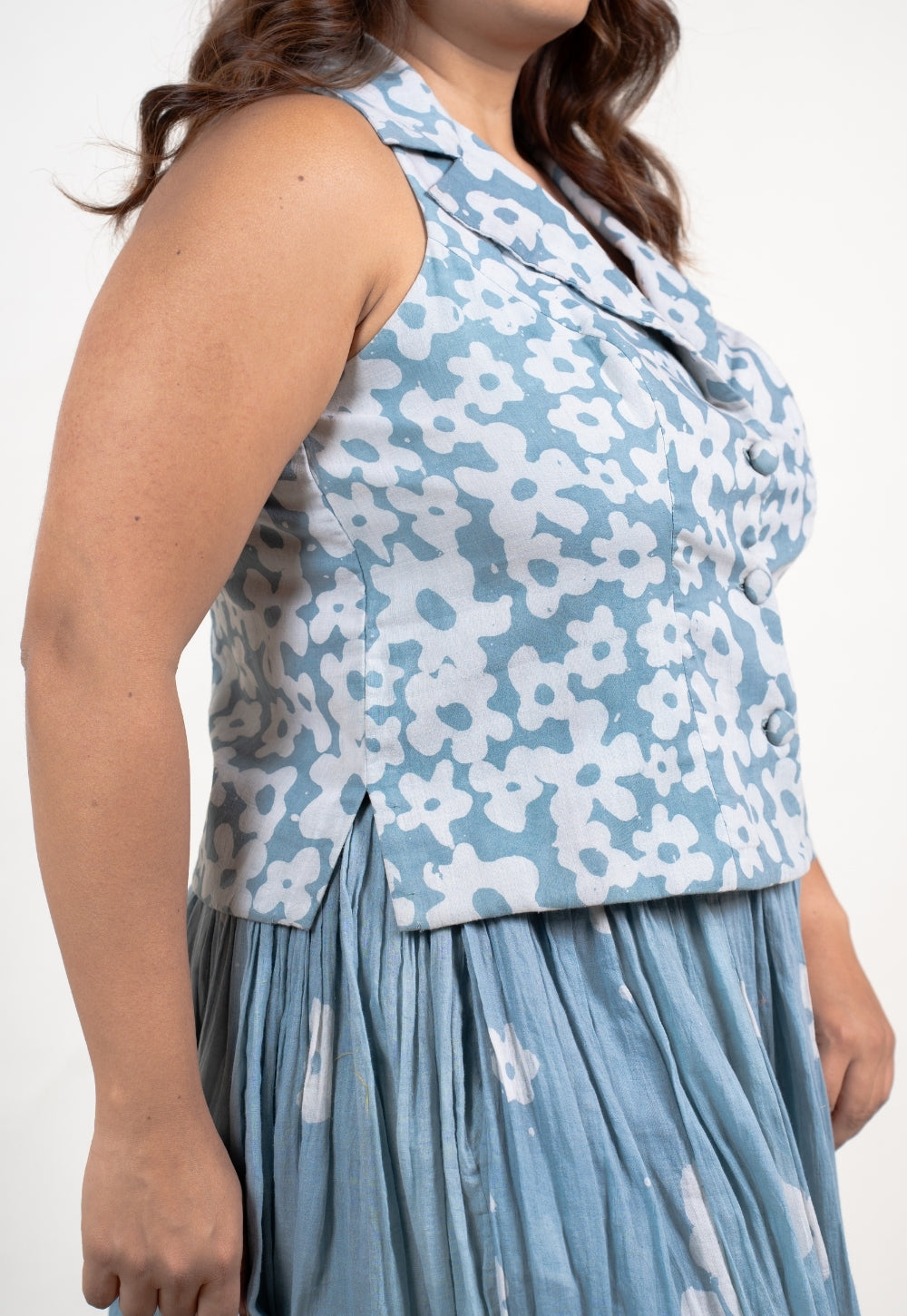 Ishani Blue Batik MulMul Straight Waistcoat Top
