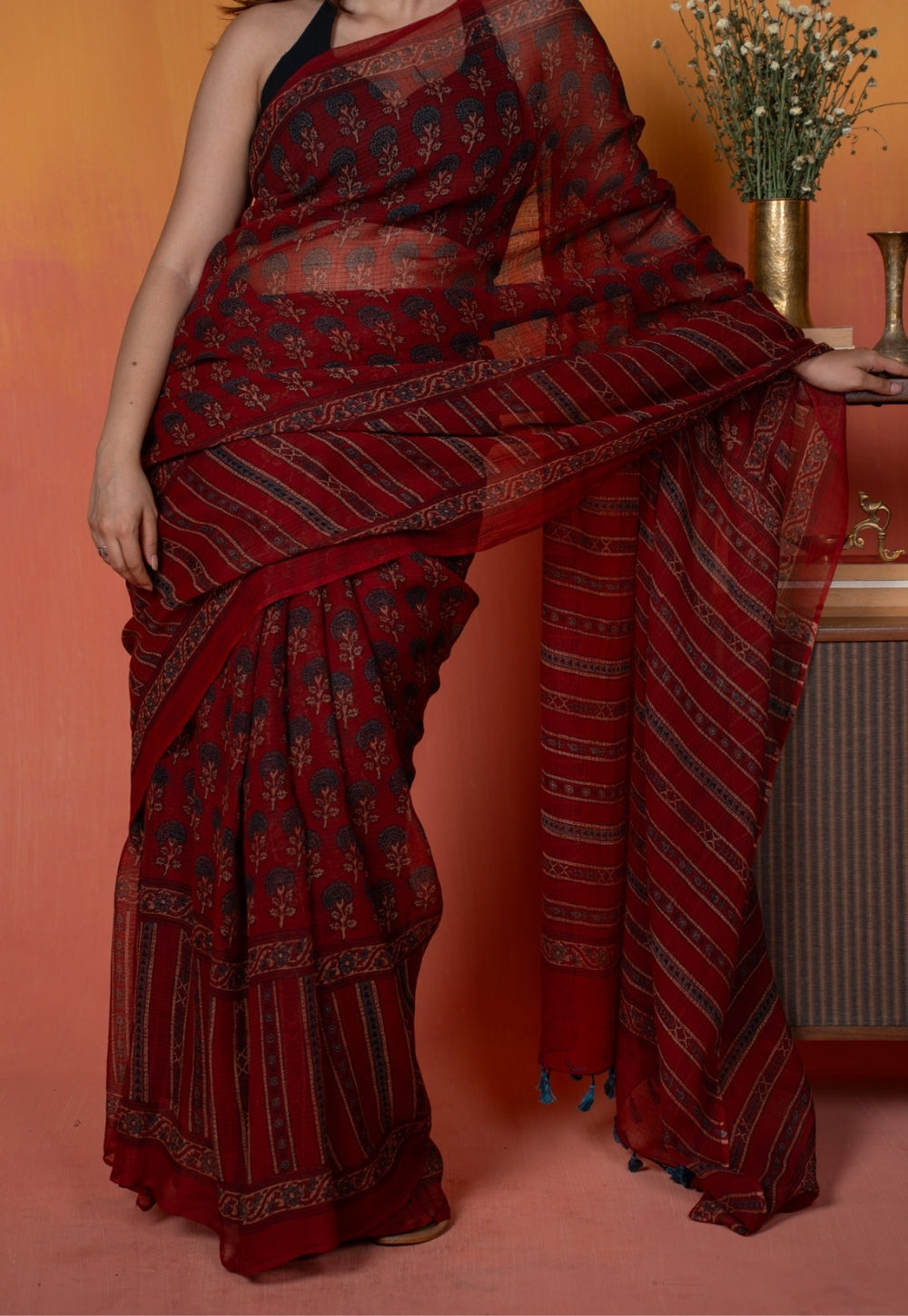 Red Floral Butta Ajrkah Hand Block Print Kota Doria Cotton Saree