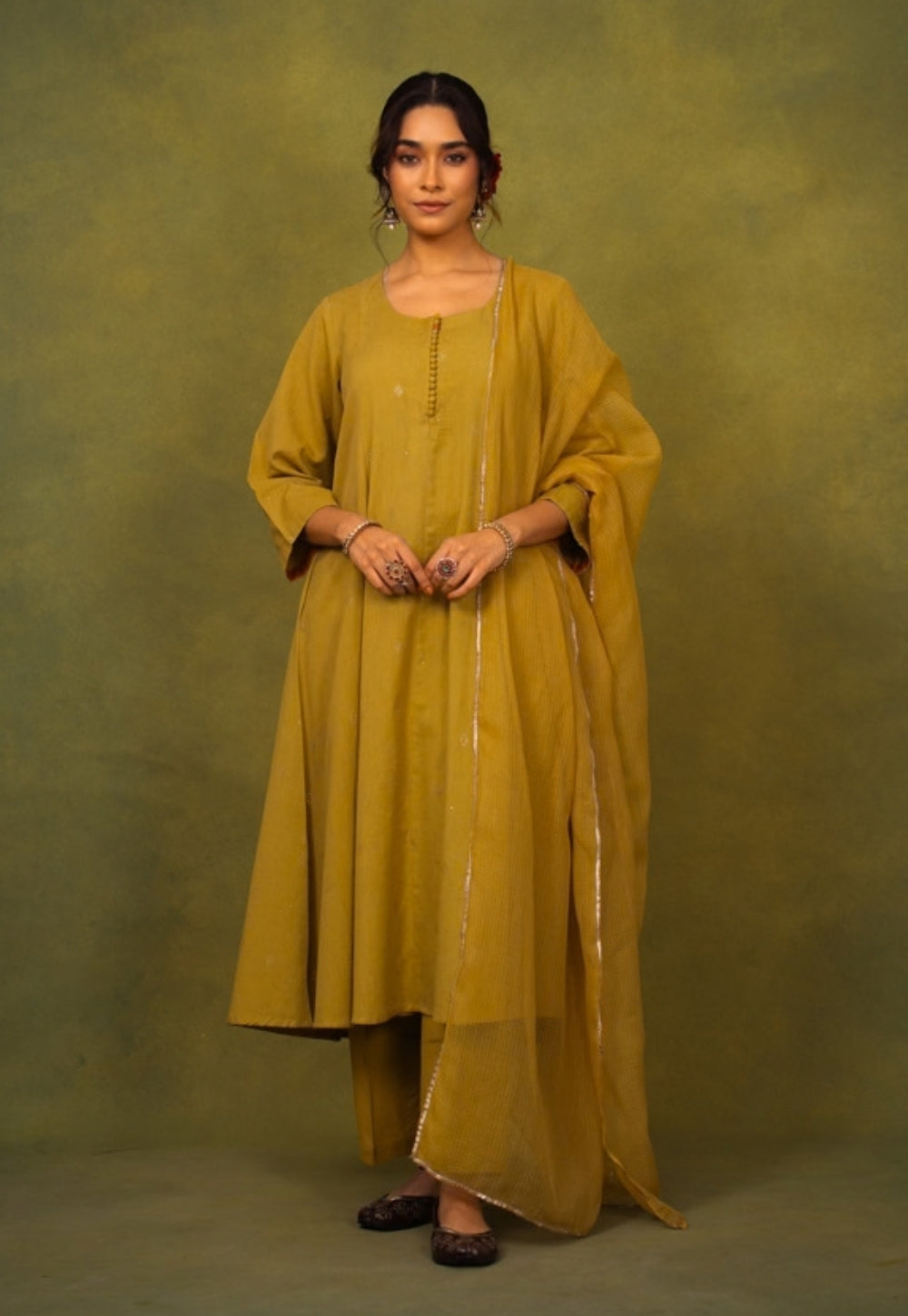 Maryam Yellow Rogan Handblock Printed Cotton Kali Kurta Suit Set (Set of 3)