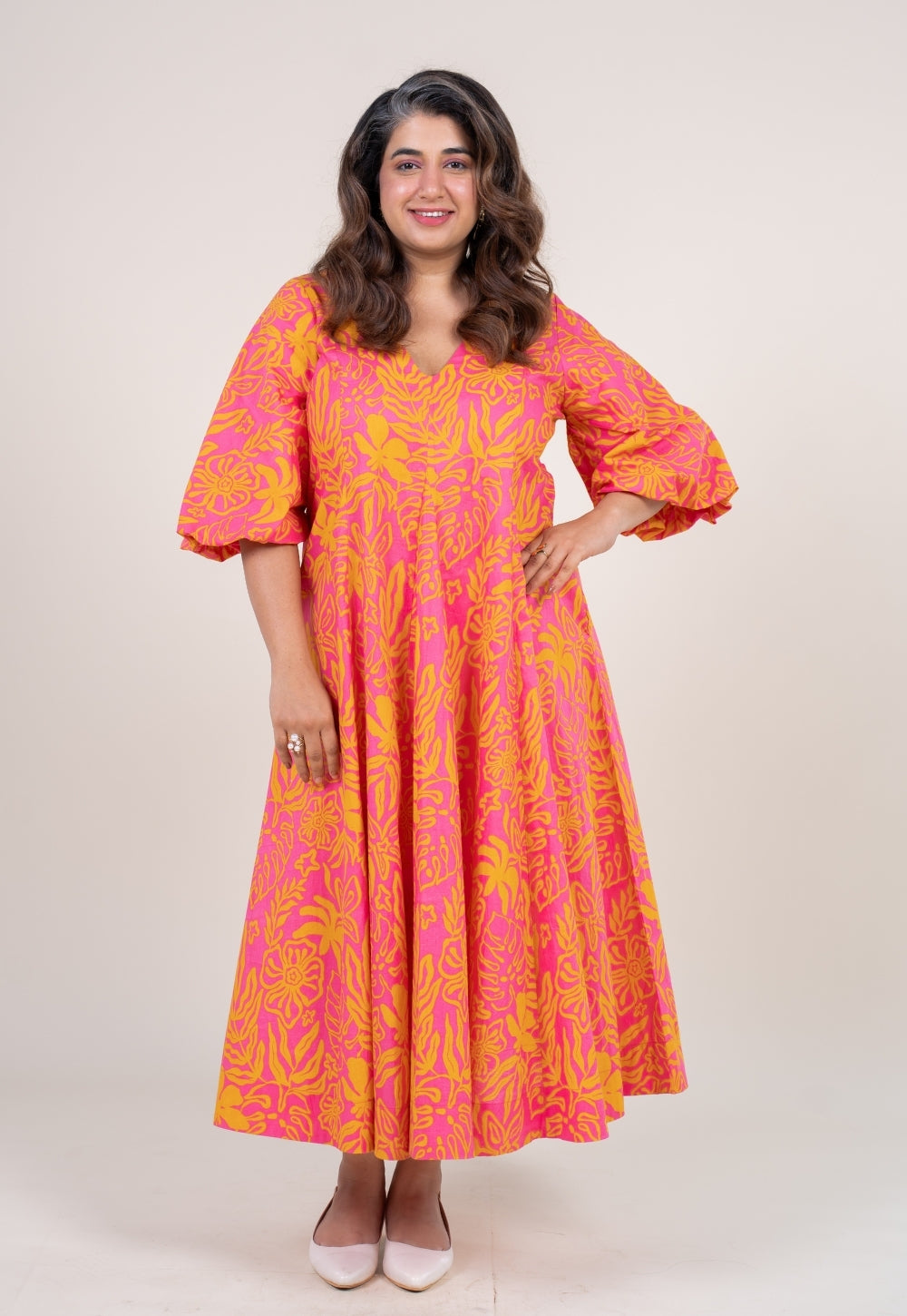 Tanisha Sunset Pink Printed Cotton A Line Dress