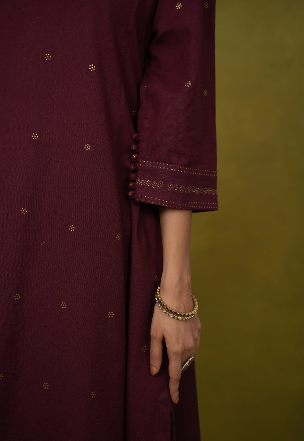 Malika Wine Rogan Handblock Printed Cotton Kali Kurta Suit Set (Set of 3)