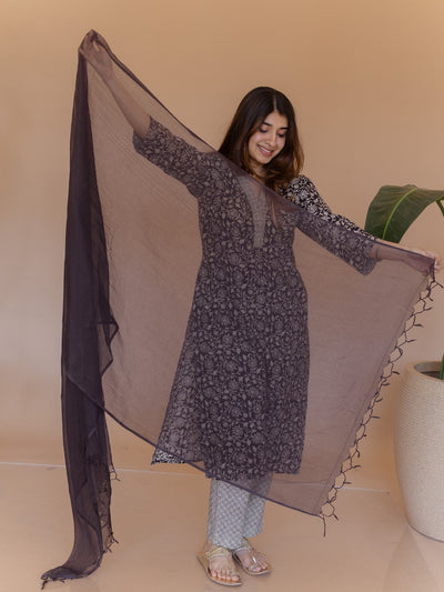 Coffee Black Solid Kota Doria Cotton Dupatta