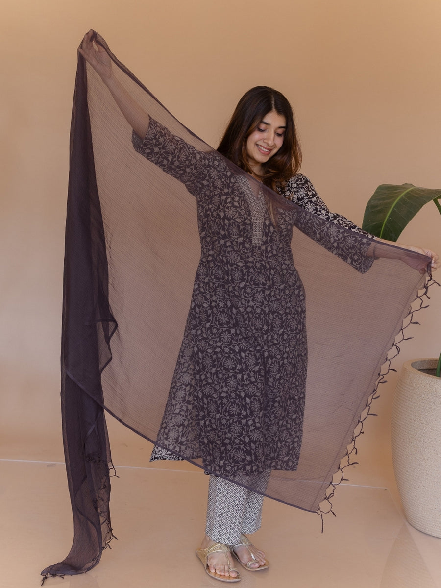 Coffee Black Solid Kota Doria Cotton Dupatta