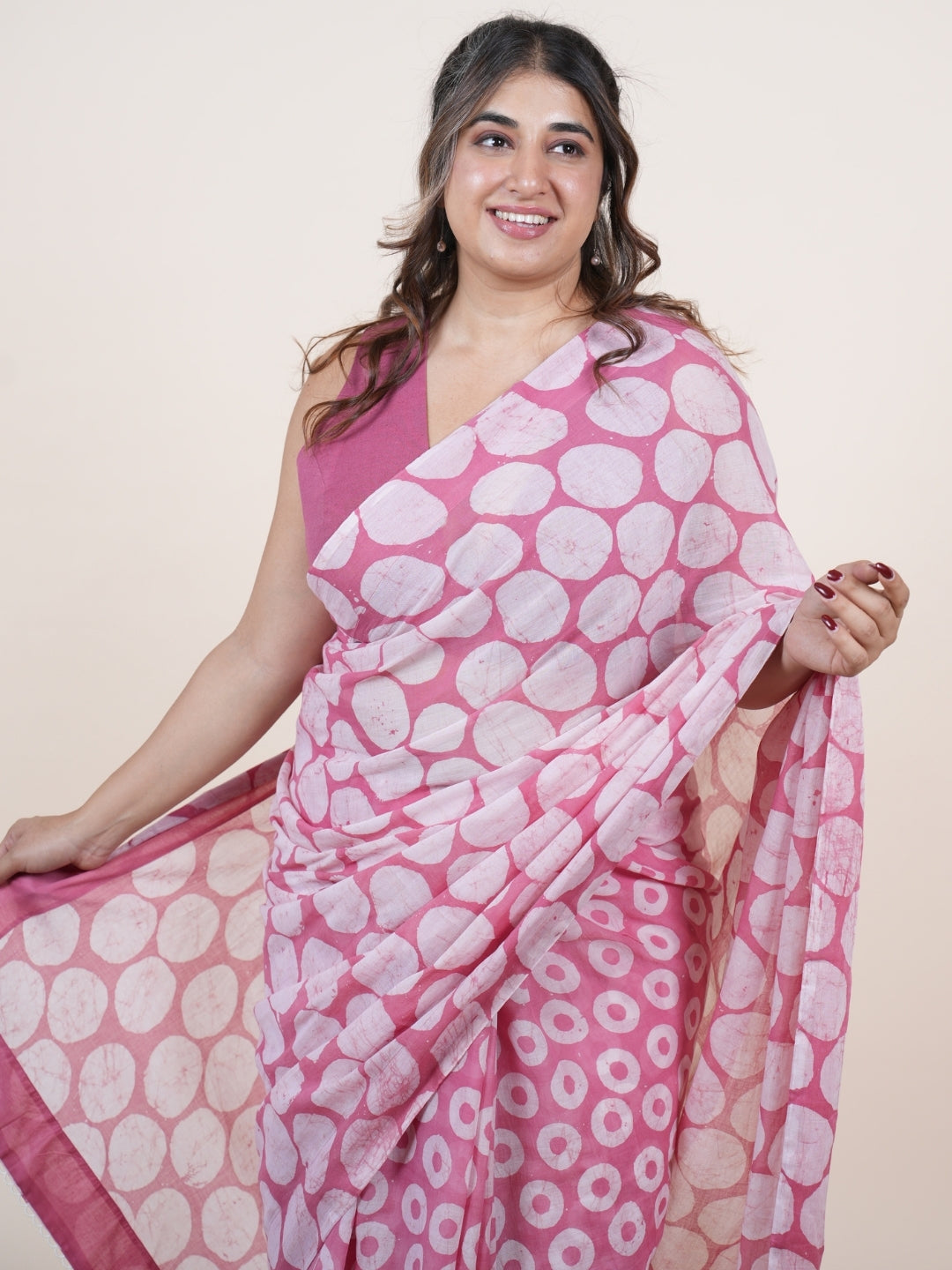 Yumna Pink Batik Hand Block Print Mul Cotton Saree with Embroidery