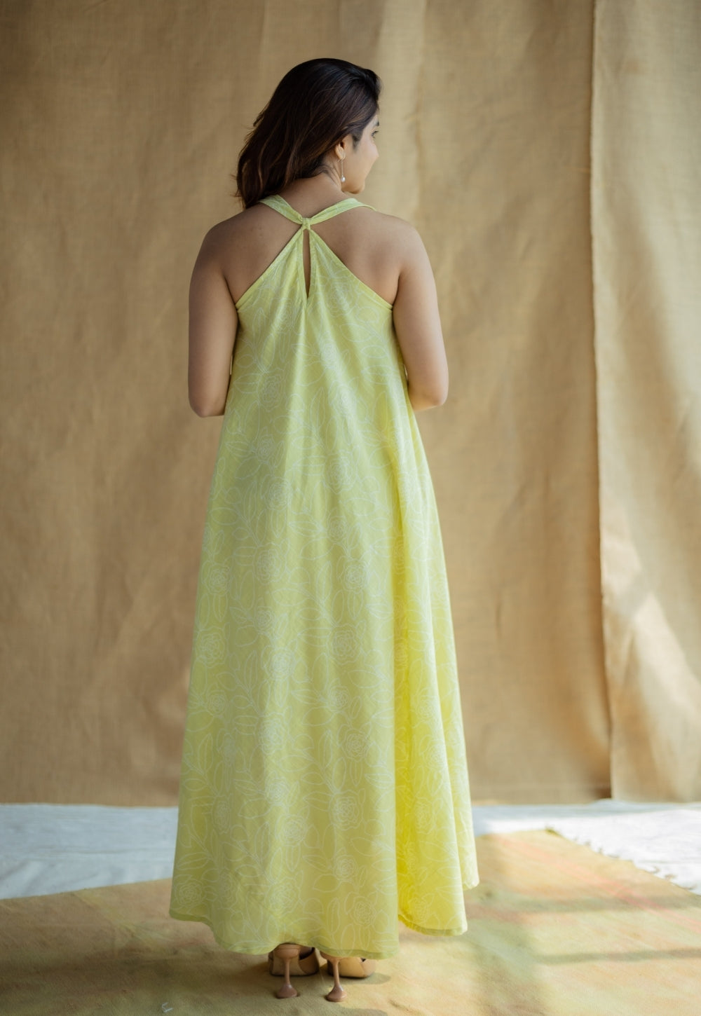 Naimat Lime Green Hand Block Print Slub Cotton A Line Dress