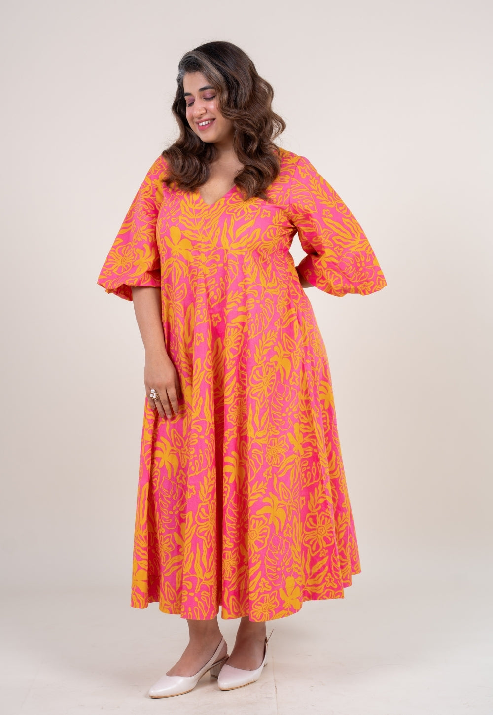 Tanisha Sunset Pink Printed Cotton A Line Dress