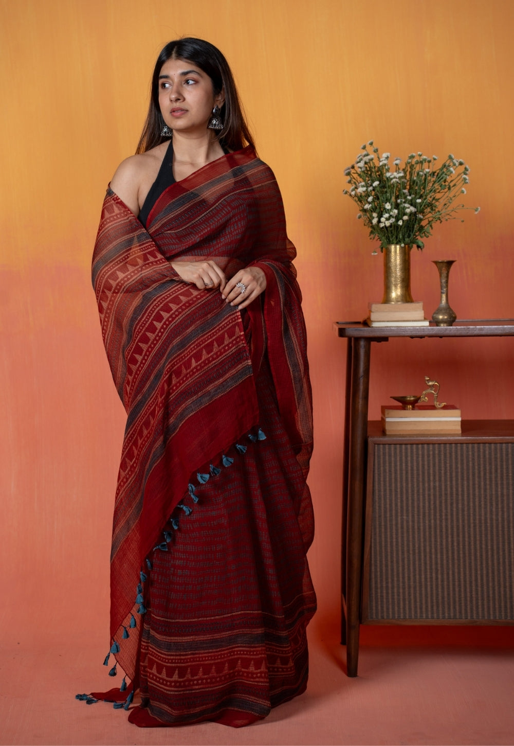 Red Objects Ajrakh Hand Block Print Kota Doria Cotton Saree