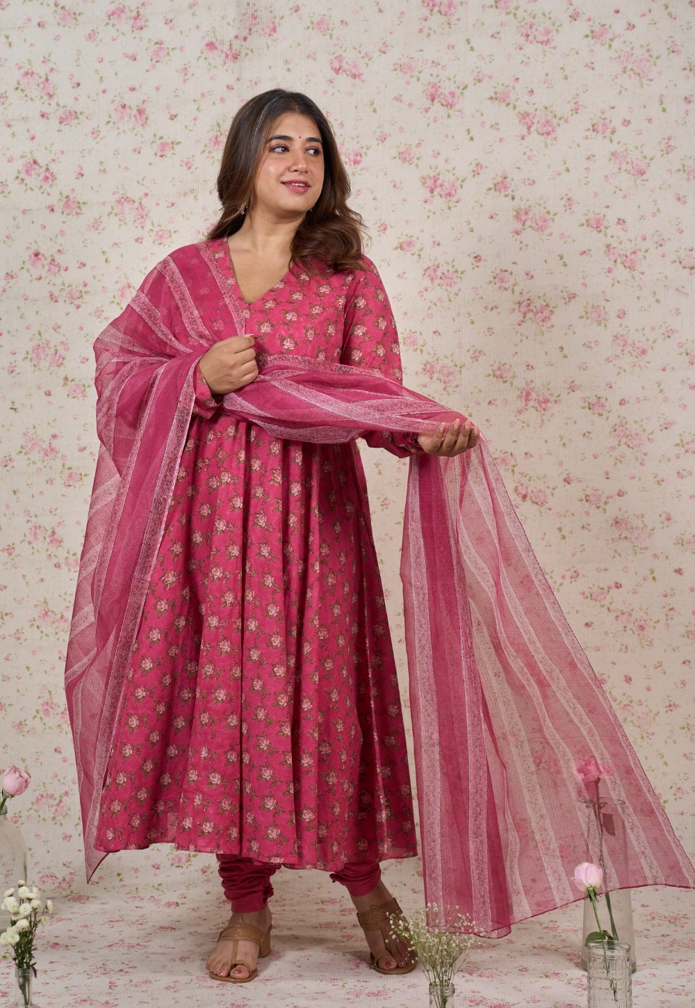 Julia Pink Sanganeri Mul Cotton A Line Kurta