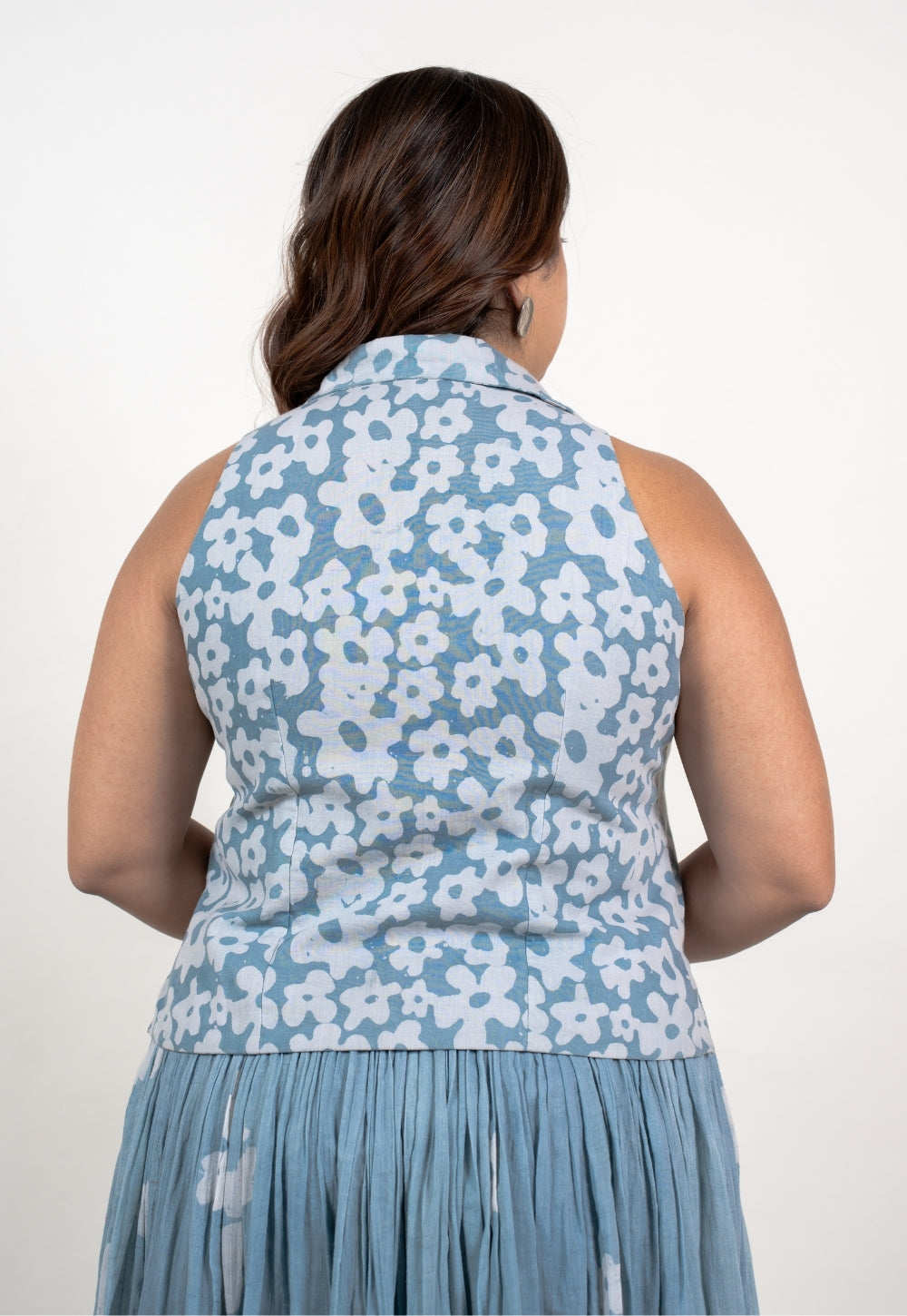 Ishani Blue Batik MulMul Straight Waistcoat Top and Skirt (Set of 2)