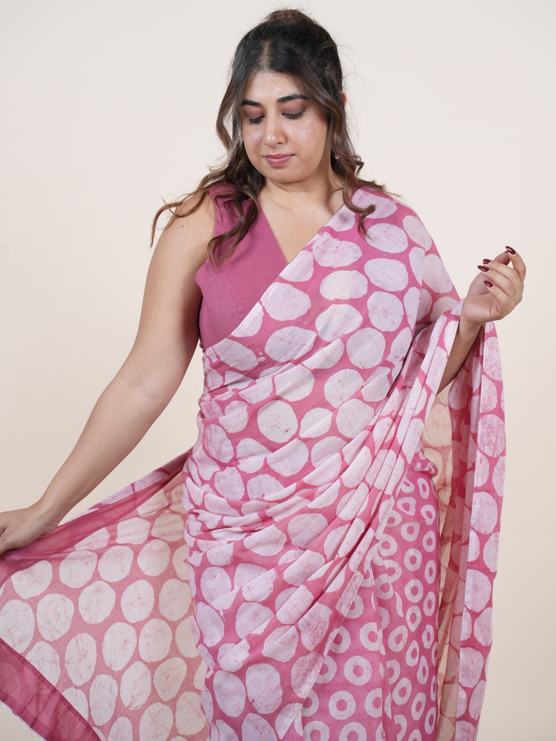 Yumna Pink Batik Hand Block Print Mul Cotton Saree with Embroidery