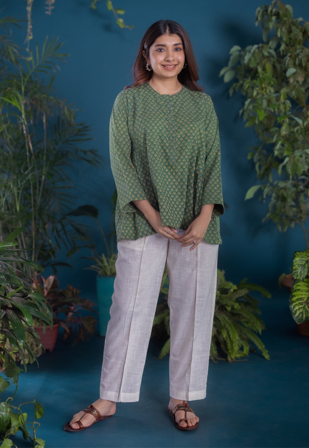 Gurmeet Green Ajrakh Cotton A Line Short Top