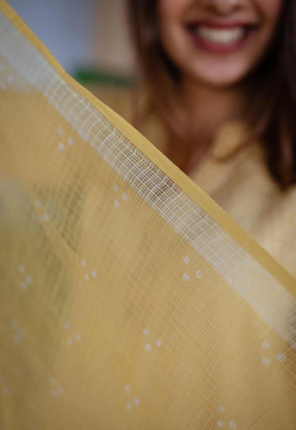 Yellow Three Dots Dabu Kota Doriya Border Dupatta