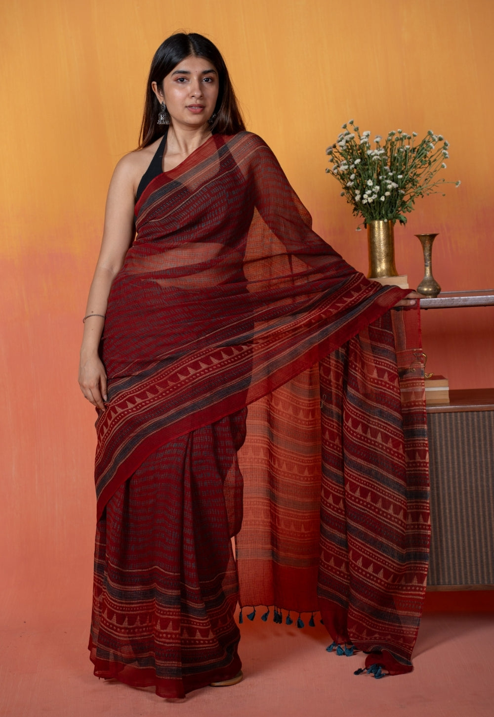 Red Objects Ajrakh Hand Block Print Kota Doria Cotton Saree