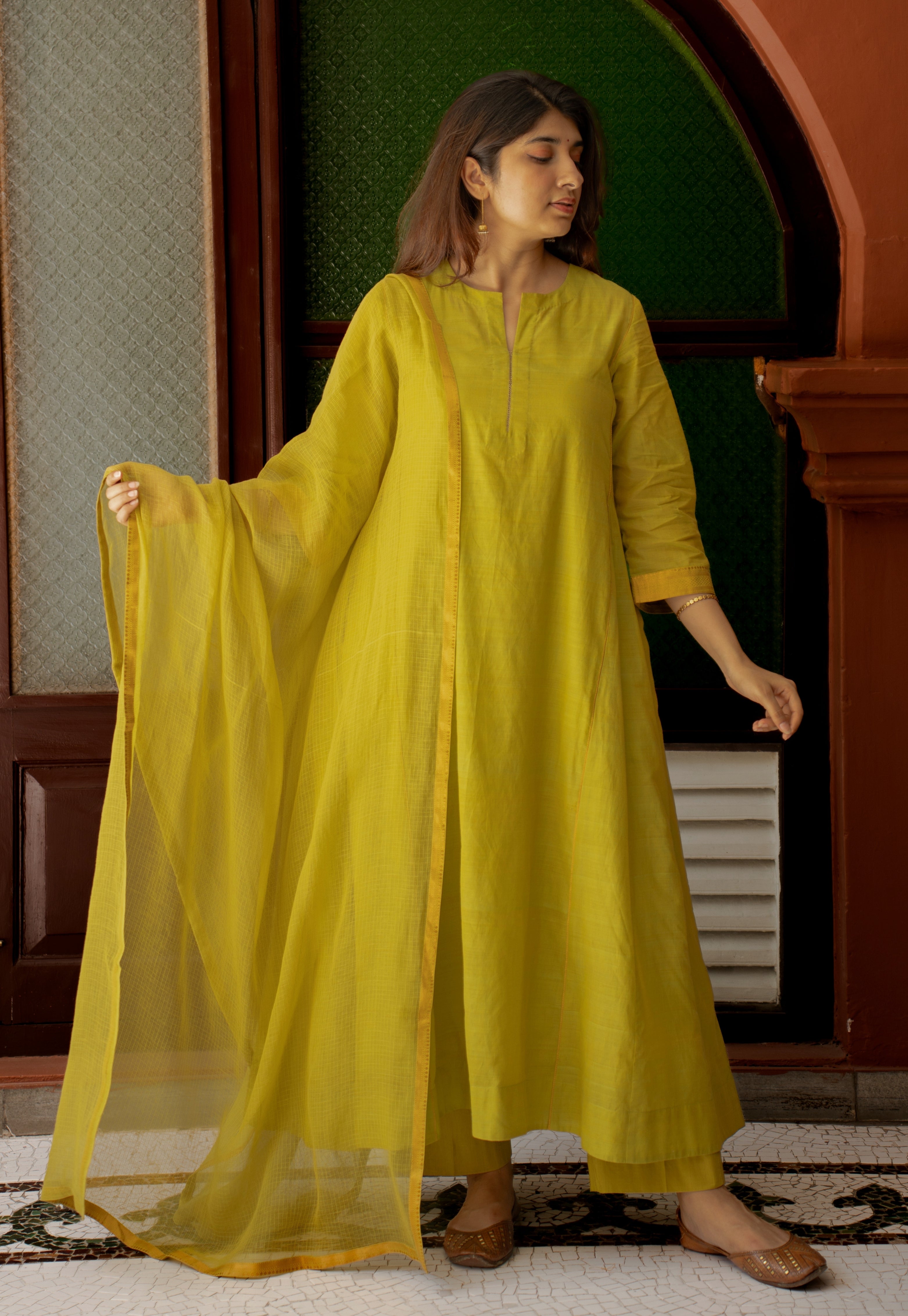 Lime Green Solid Kota Doria Cotton Dupatta with Mangalgiri Border