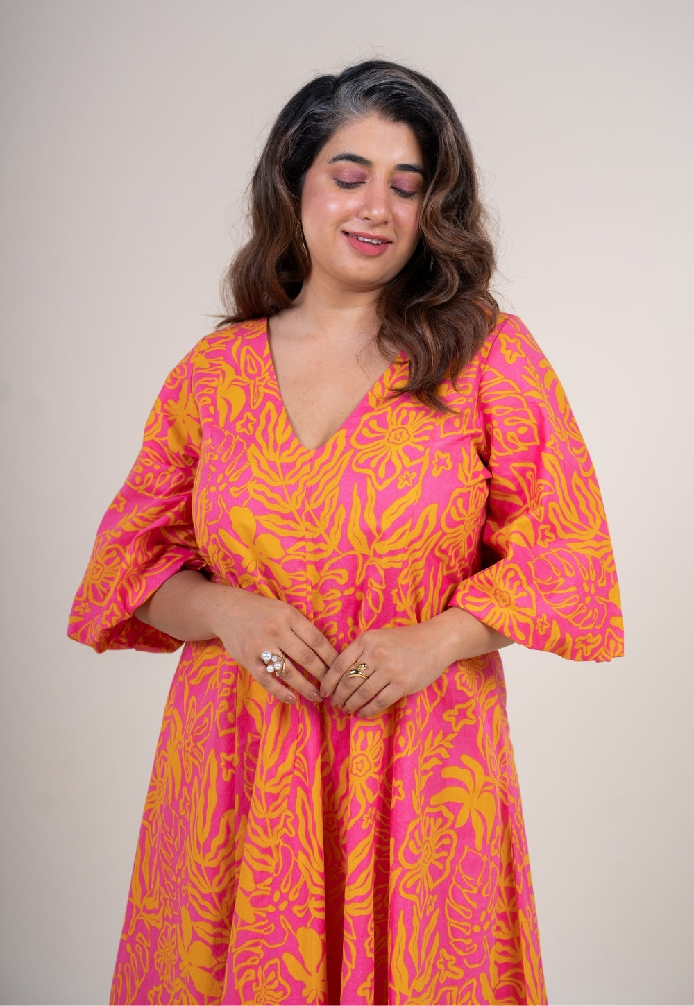 Tanisha Sunset Pink Printed Cotton A Line Dress