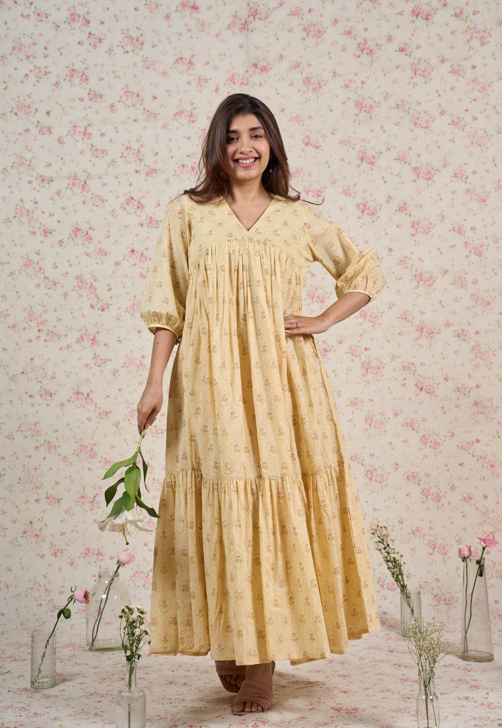 Alice Yellow Sanganeri Mul Cotton A Line Dress