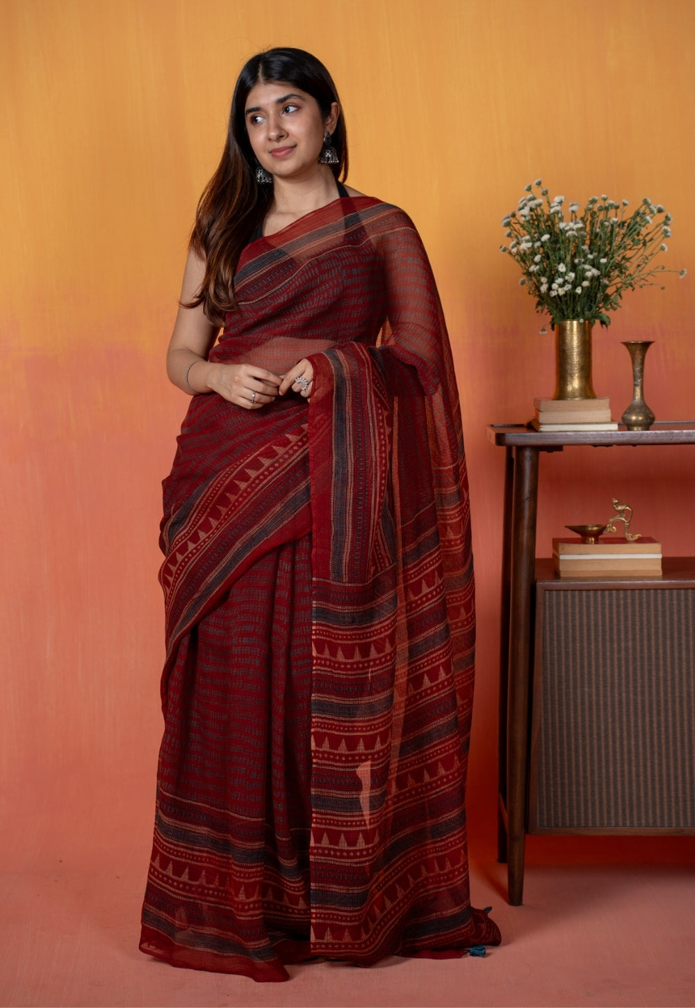 Red Objects Ajrakh Hand Block Print Kota Doria Cotton Saree
